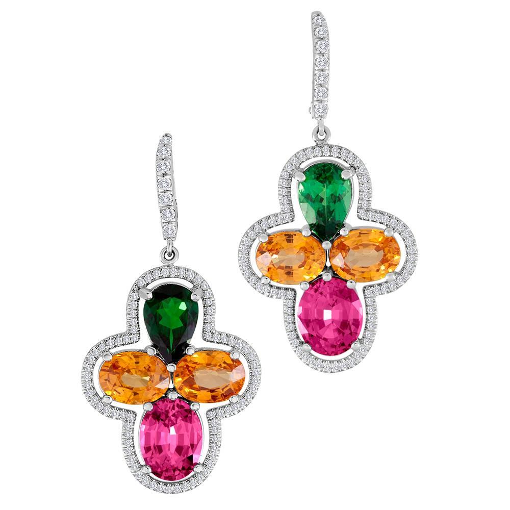 Exquisite, 18 Karat Gold Earrings with Pink Spinels, Garnets with Diamond Accent