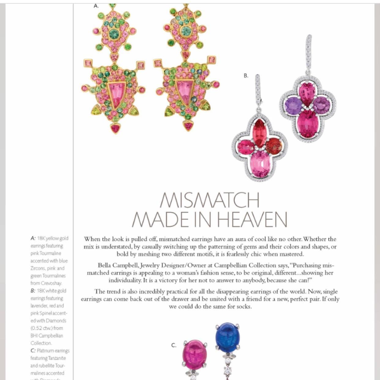 The Spectacular Miss Match Earrings with: Red, Pink , Neon Pink Spinels mixed with Pink, Lavender and Purple Sapphires,with Combinations of Various Shapes makes these Earrings truly Dramatic example of Contemporary Fine Jewelry.
Accented with