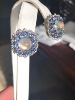 Rainbow Moonstone Earrings with Blue Sapphire and Diamond Accent
