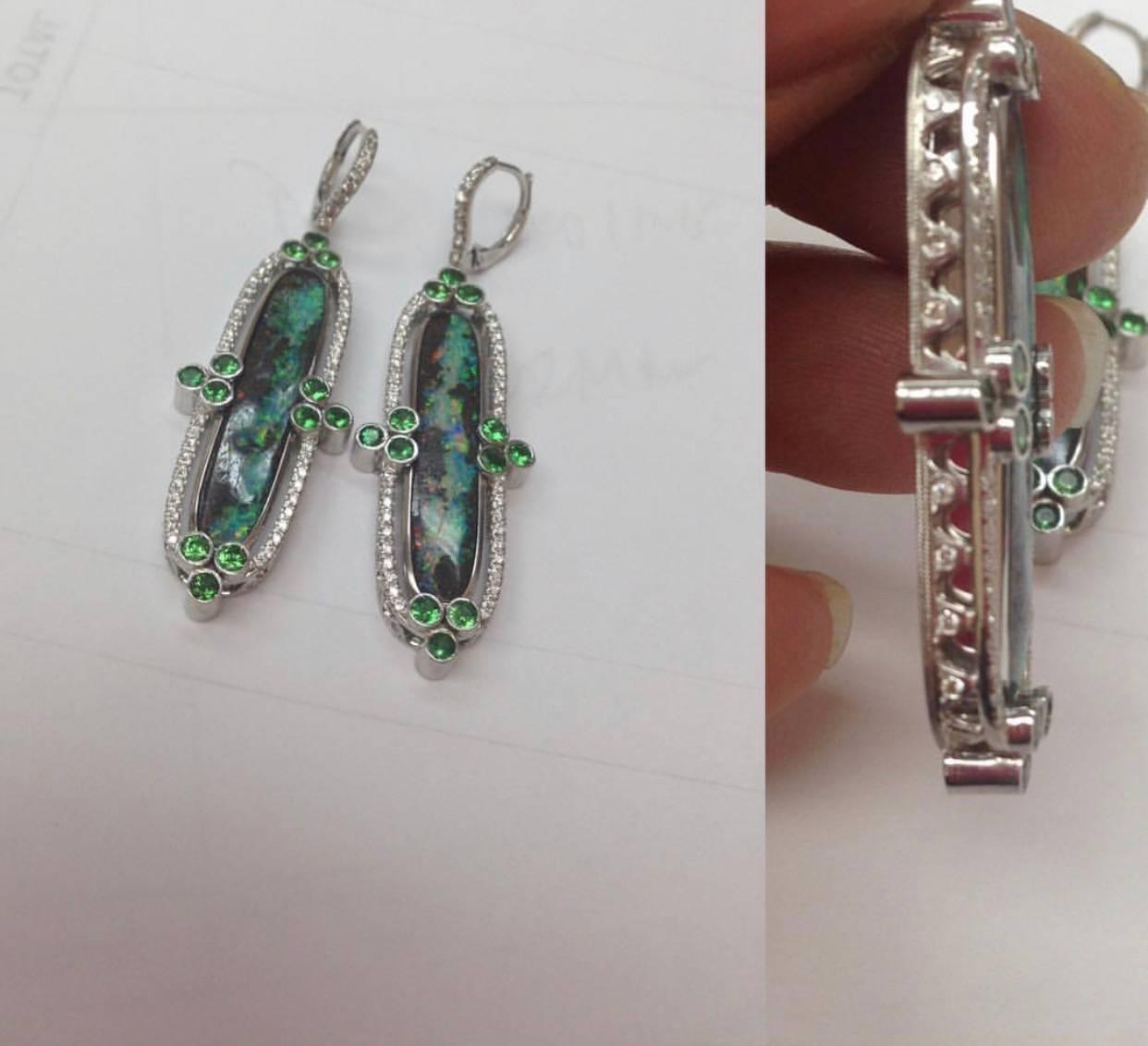 Contemporary Important Boulder Opal, Green Garnet, Diamond Earrings