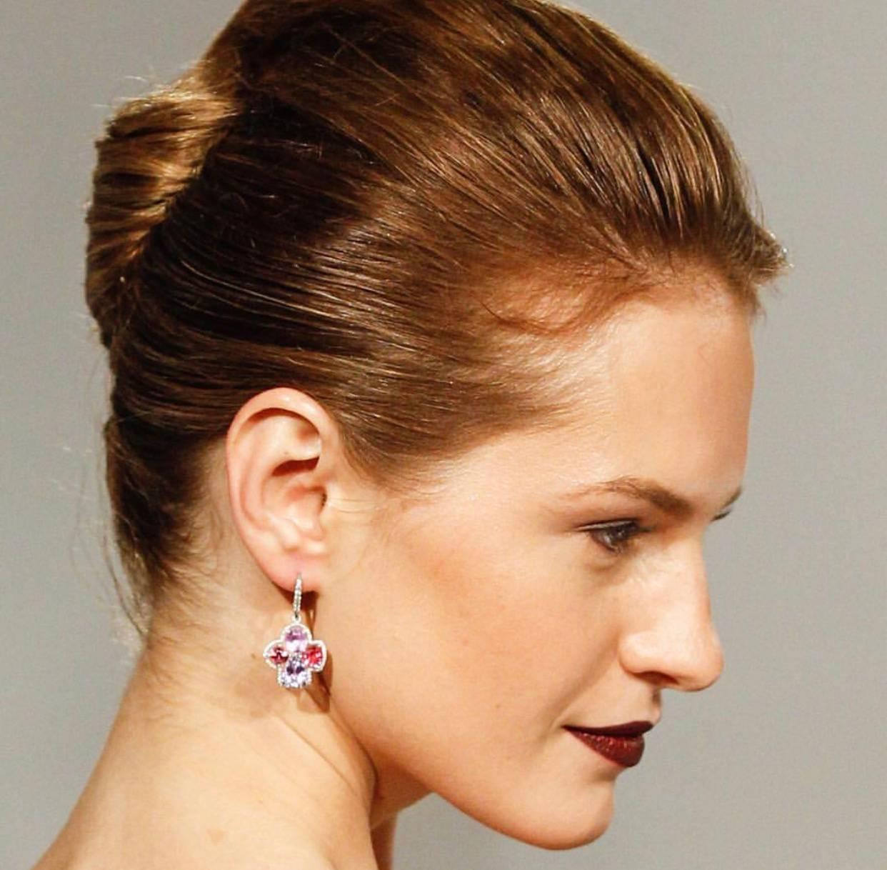 The Contemporary Masterpiece  Miss-match  Spinel Earrings with Red, Pink, Neon Pink, Lavender, Purple  Spinels and Purple Sapphire, can  be worn with blue  jeans or  Black Dress. Accented with Colorless Diamonds, with Black Rhodium Plating.
Multi