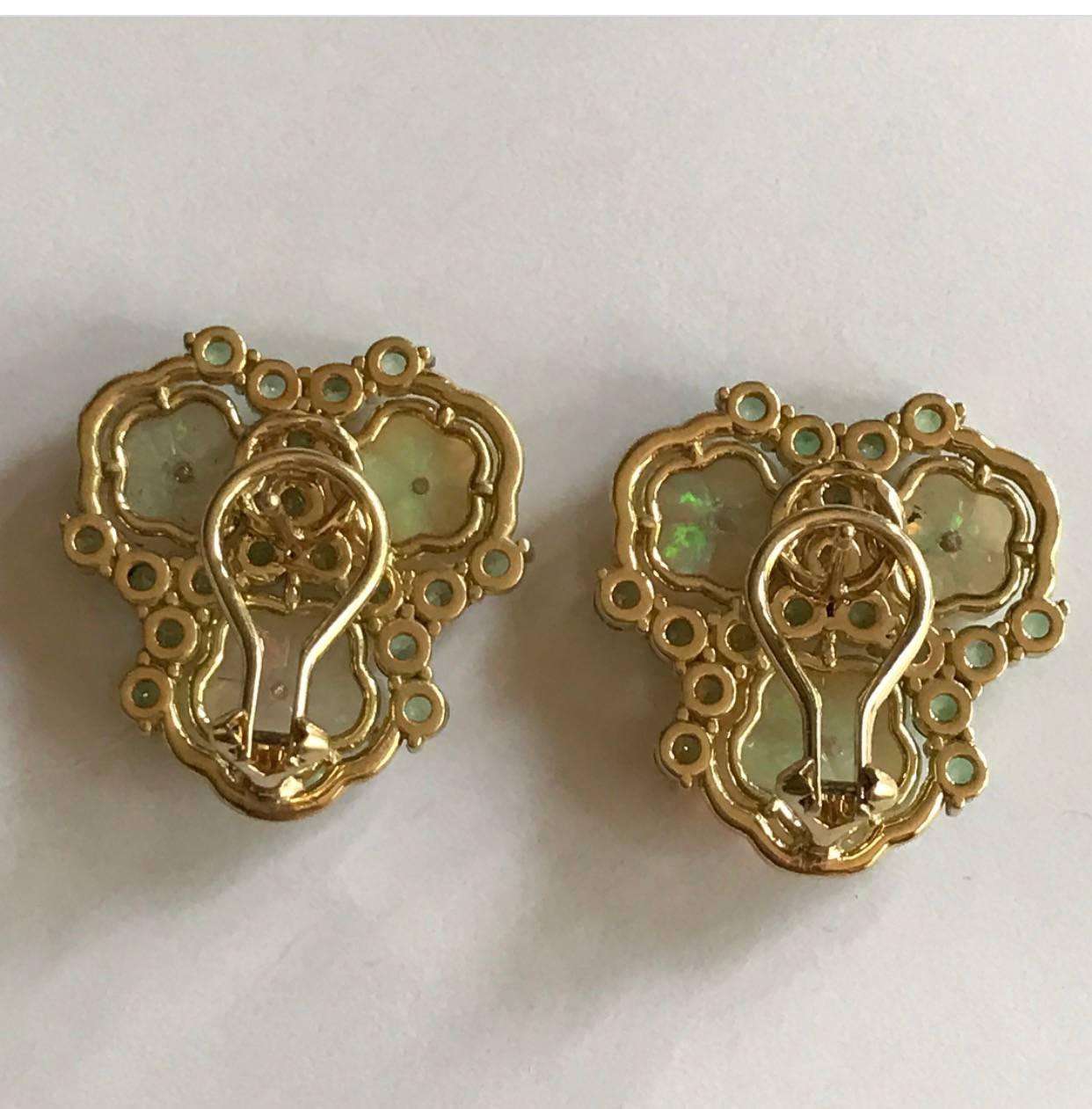Women's Carved Opal Mint Garnet Diamond Gold Clip Post Earrings