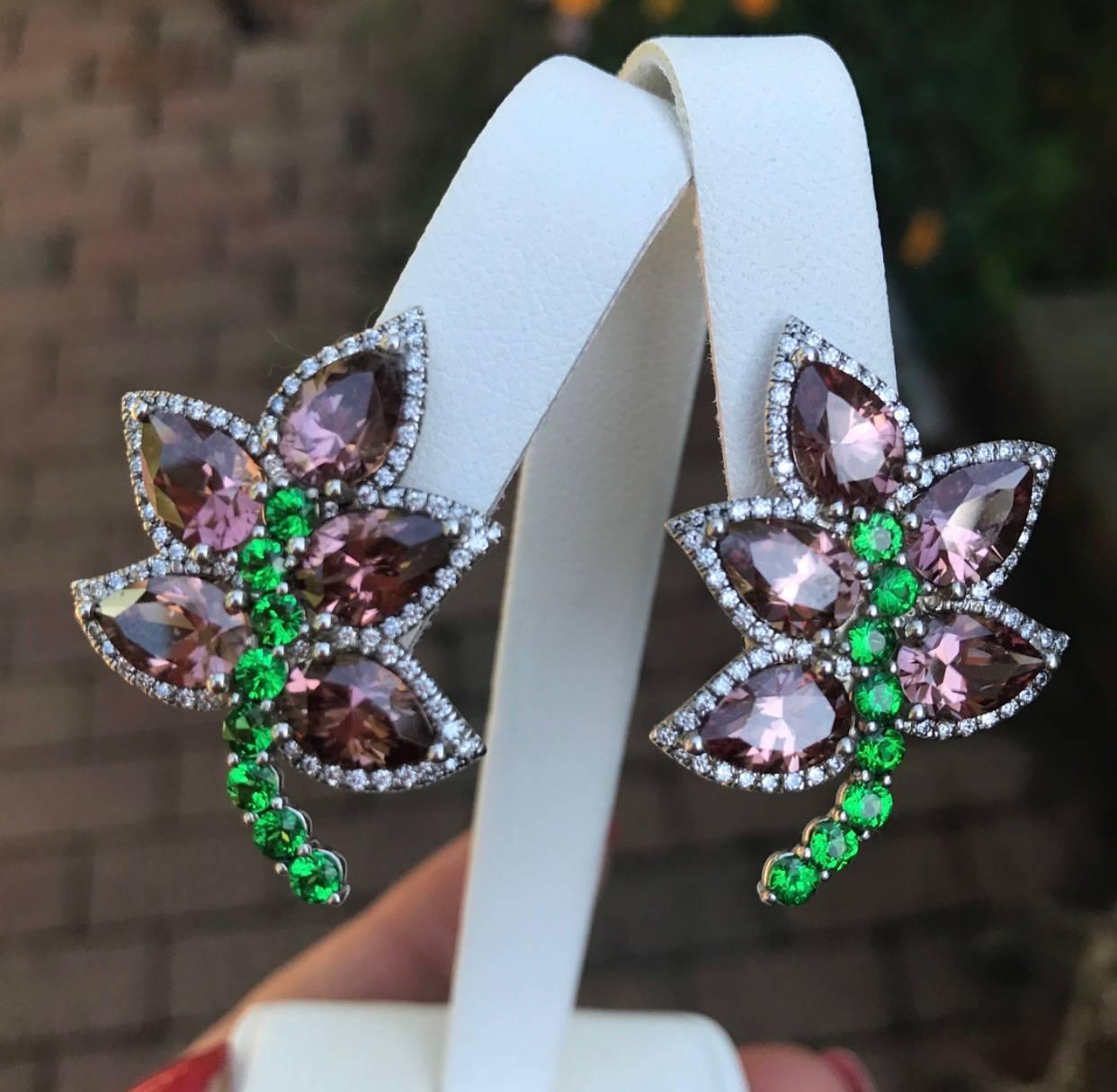   Perfectly Matched Natural   Blush  Color Zircons and  Centered with  Tsavorite Garnets, Accented with Colorless Diamonds, Makes Dramatic Color Combination For these Unique Earrings, Made in 18 K white Gold with Black Rhodium Plating, One of a