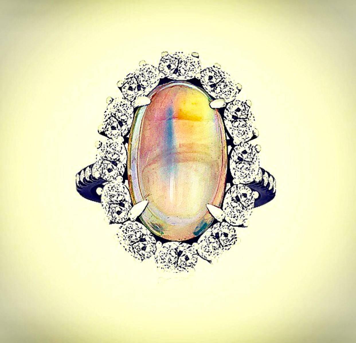  Rainbow Moonstone in This Ring is One Most Beautiful Rainbow Moonstone with Flashes of Purple, Turquoise, Blue, Gold, Pink, Red. Colors Change Depending of Weather, Time of Day. 
Rainbow Moonstone 12.00 CT Total Weight
Colorless diamonds 2.60