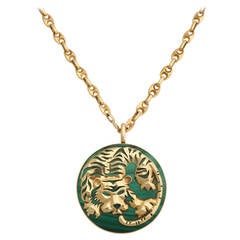 1970s Fred Paris Malachite gold Tiger pendant and chain