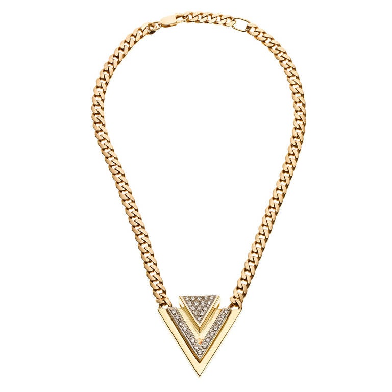 1970s Chevron Design Diamond Gold Necklace For Sale