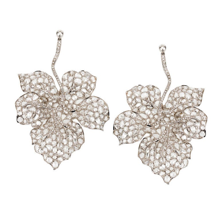 Rose Cut Diamond Hanging Leaf Earrings For Sale