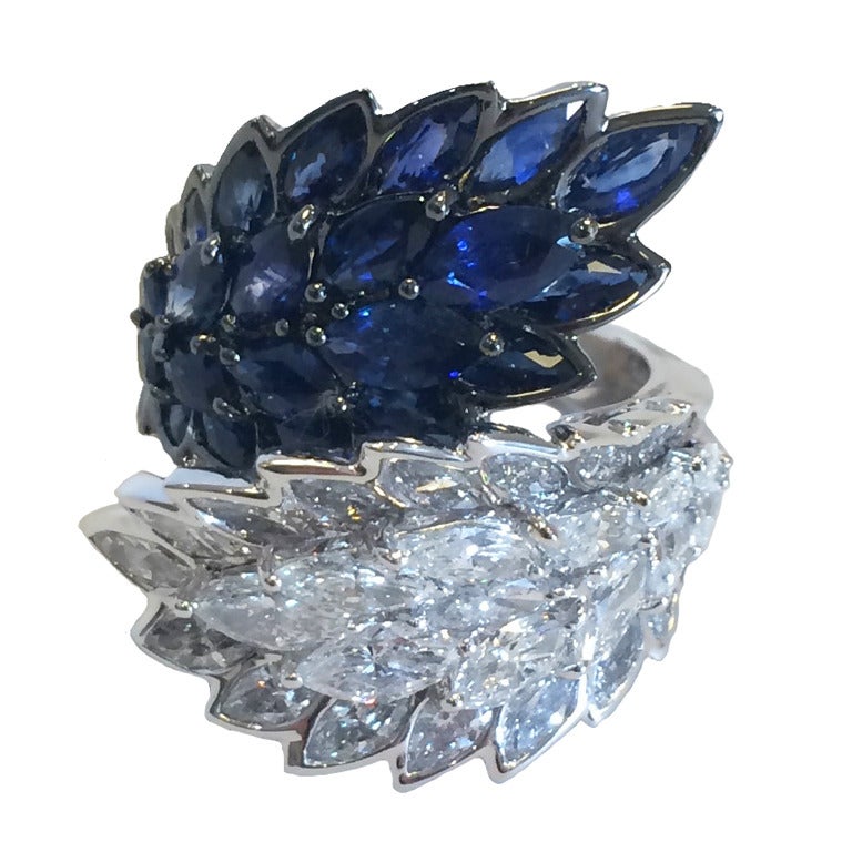 Sapphire Diamond White Gold Leaf Ring For Sale