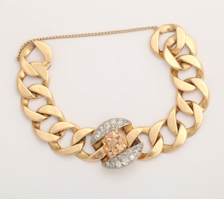 Women's or Men's 1930s Seaman Schepps Citrine Diamond Gold Link Bracelet