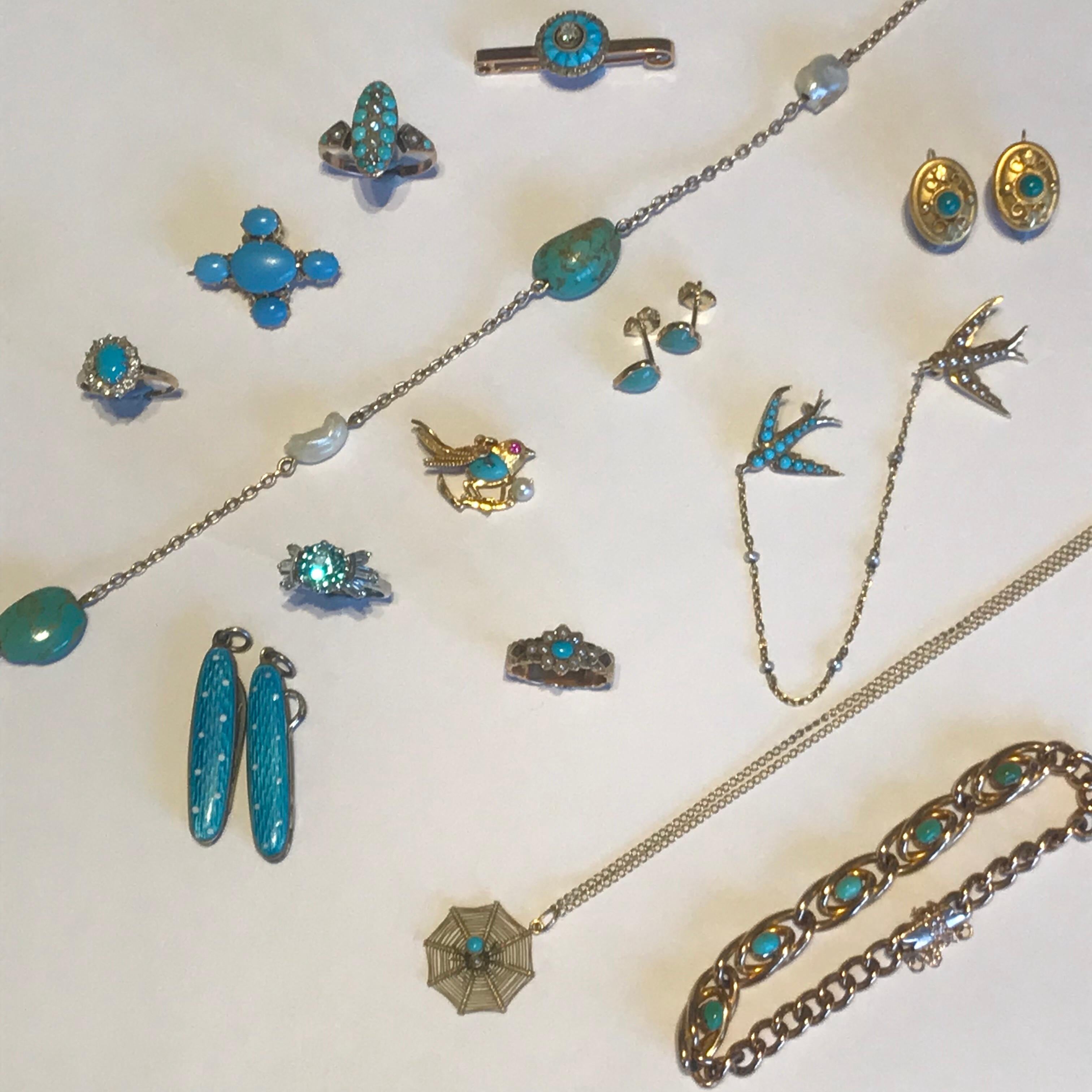 Rose Cut Turquoise and Diamond Victorian Ring For Sale