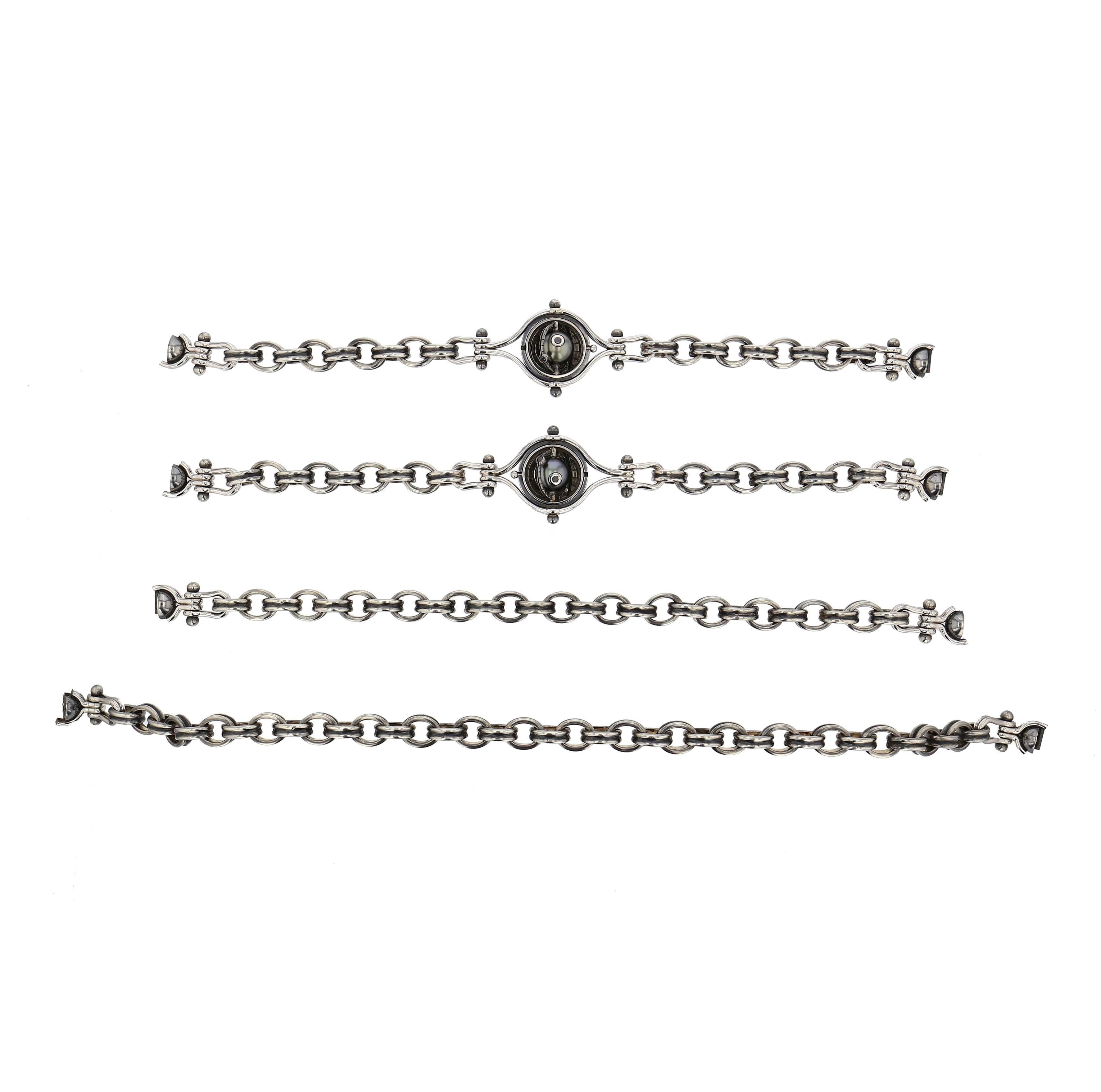 Neoclassical Elie Top Mecanique Celeste Collier 3 Bracelets or Blanc, Argent, Perles deTahiti For Sale