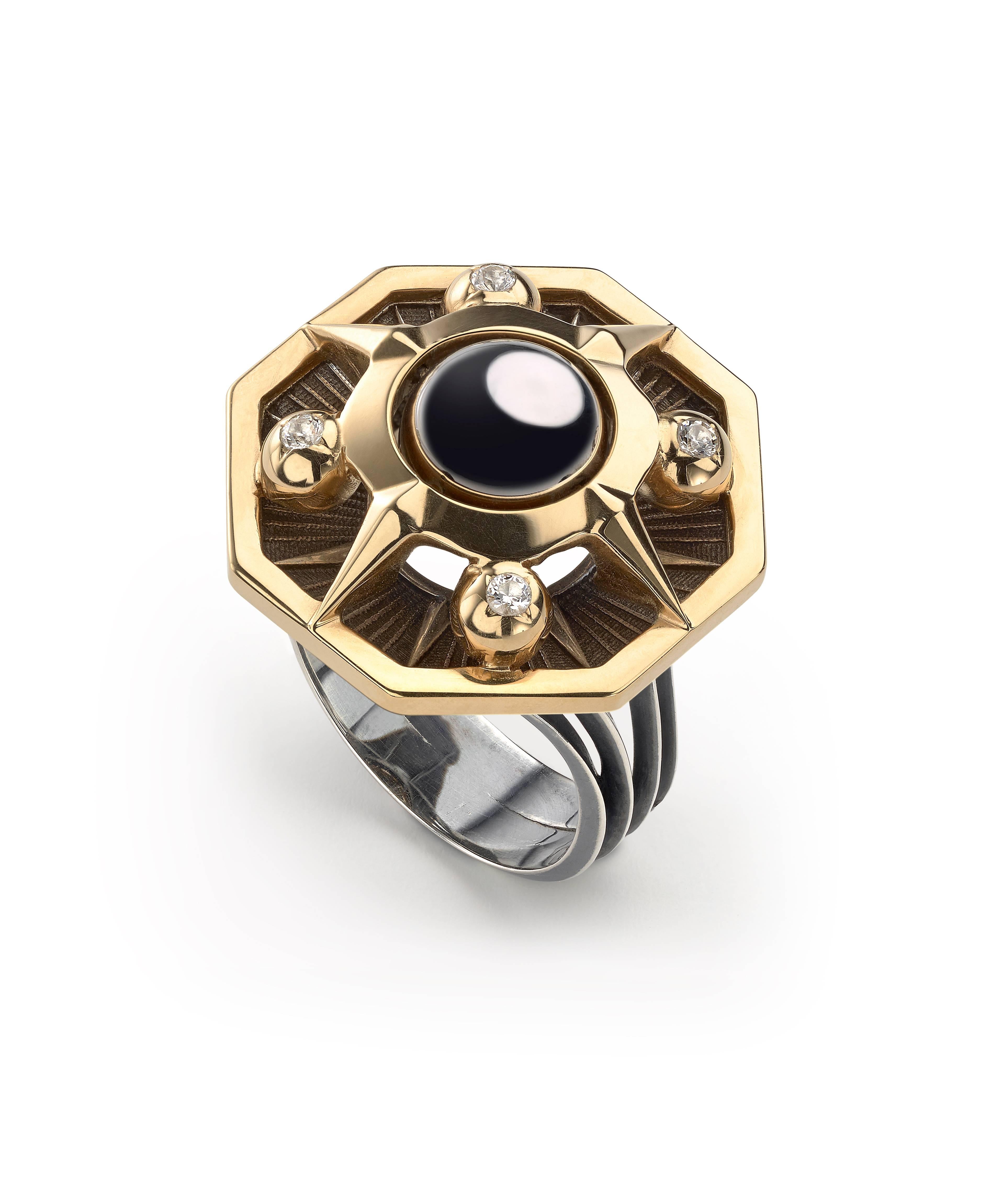 Neoclassical Elie Top Etoile Mystery Octogonal Diamond Onyx Ring  For Sale