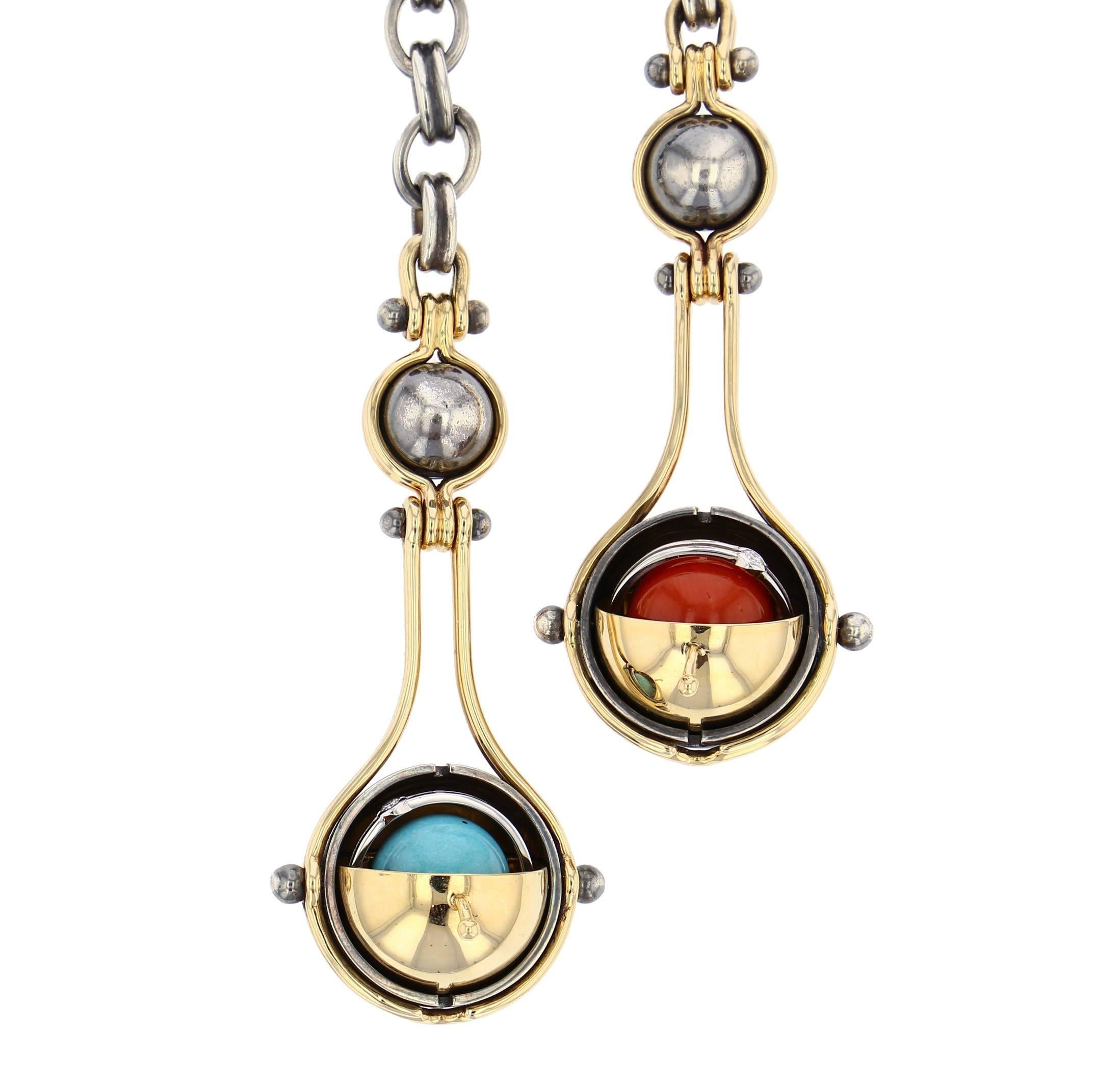 Neoclassical Elie Top Mecanique Celeste Collier deux Gouttes or, Corail, Turquoise, Diamants