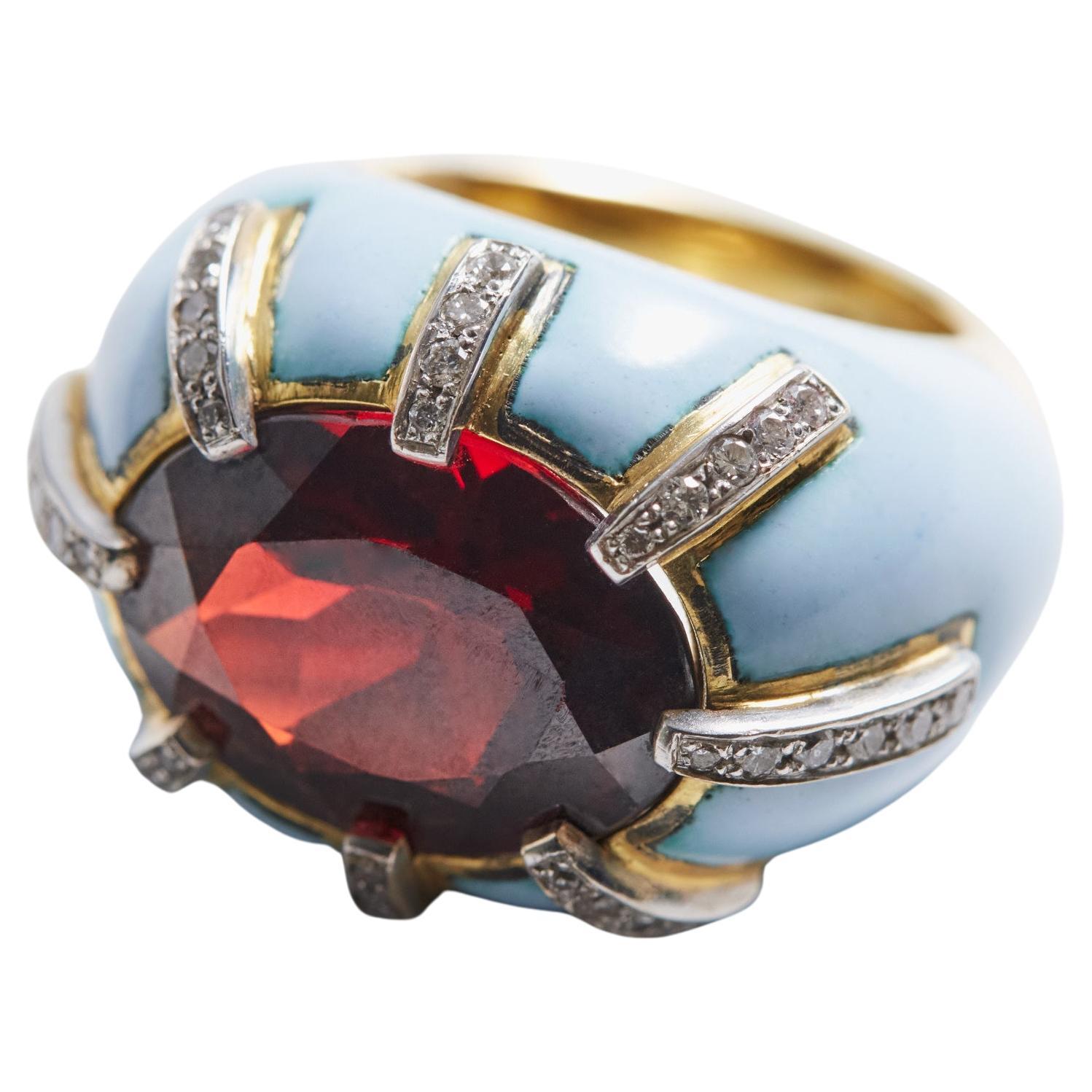 Garnet Diamond 18 Karat Gold Enamel Hand Made Ring For Sale