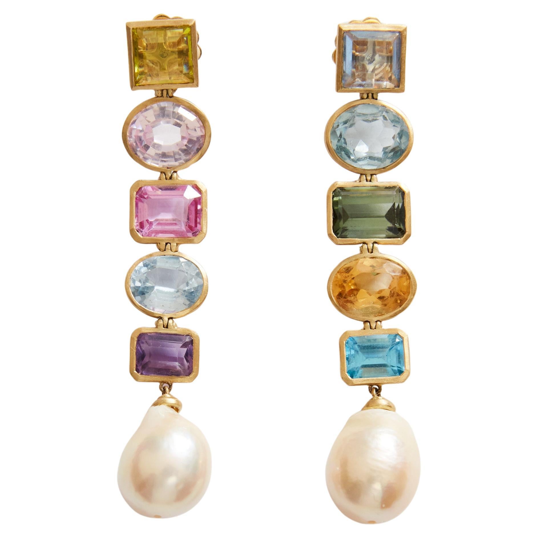 Boucles d'oreilles en or 18 carats avec perles naturelles, tourmaline, citrine, péridot et saphir