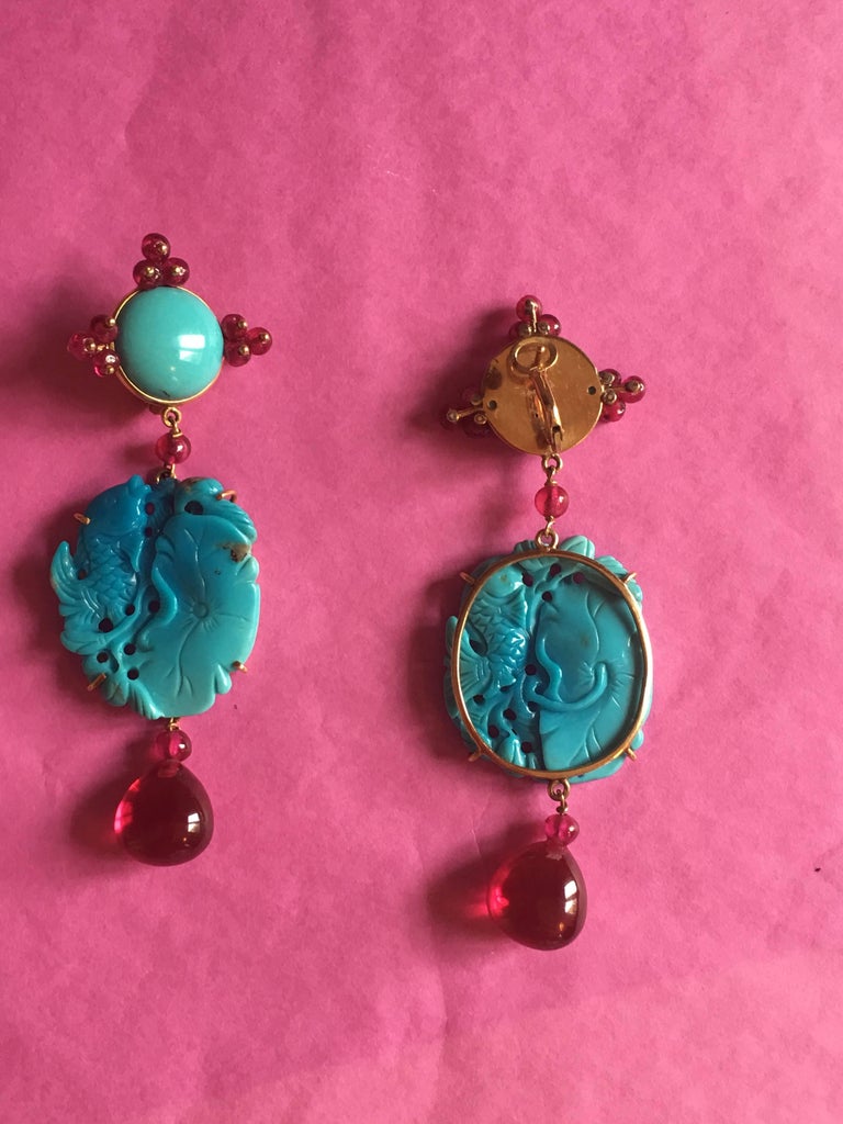 Carved Antiques Turquoise Rubellite Gold Turkfan Earrings