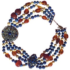 Lapis Gold Pearls Carnelian Amber Necklace Russian Night