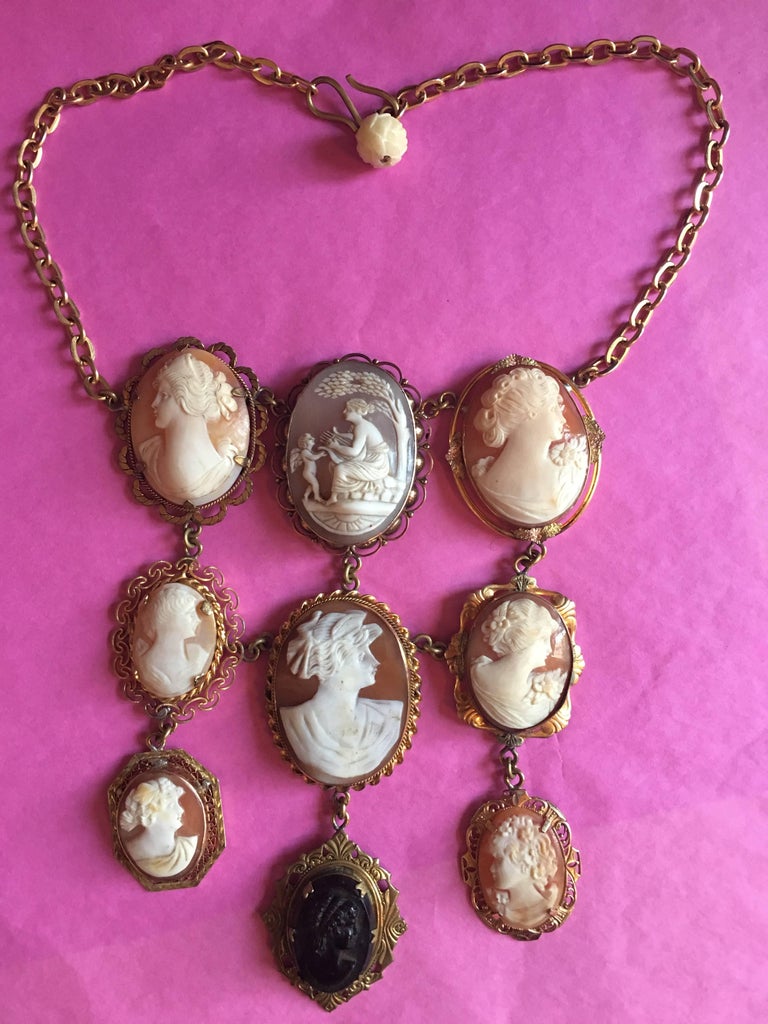 Italian Nine Antique Cameo Pendant Necklace For Sale at 1stdibs