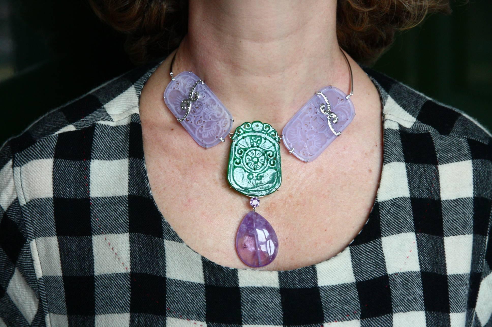  Antiques Jade Amethyst  18 k White Gold Necklace In New Condition For Sale In Milan, IT