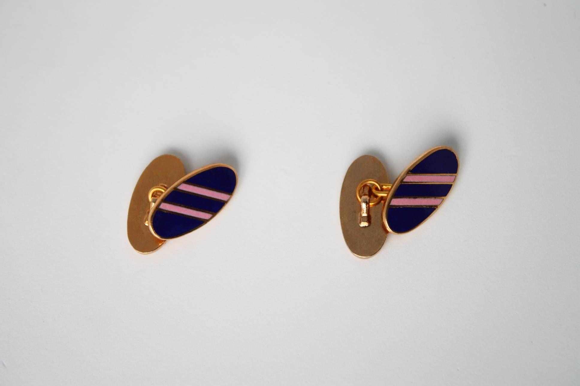 French Cufflinks  enamel blu and rose stripes gold plate. Measures 2 cm length weight 5gr each.
All Giulia Colussi jewelry is new and has never been previously owned or worn. Each item will arrive at your door beautifully gift wrapped in our boxes,