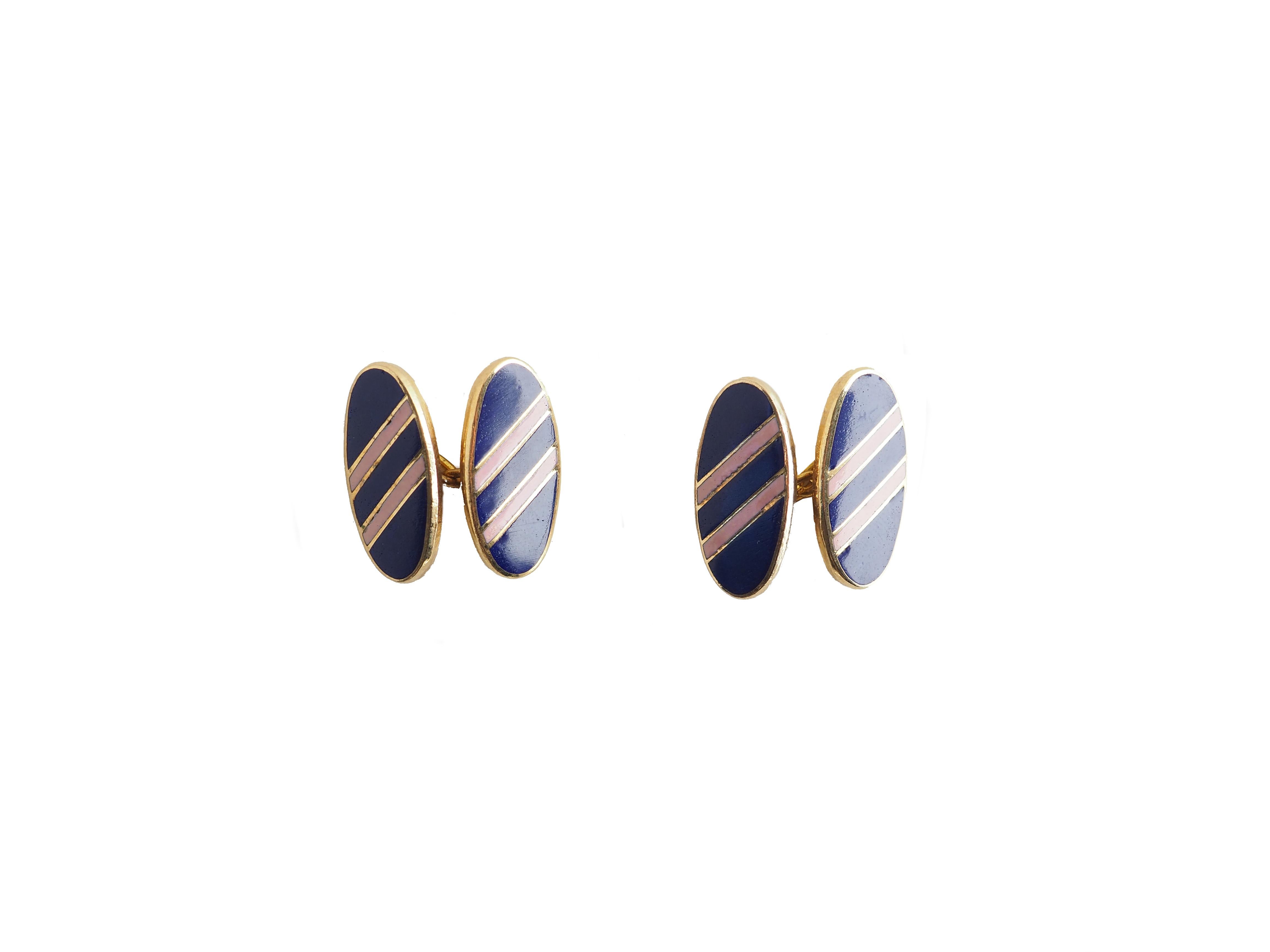  Enamel Blu Rose Stripes Gold Filled Cufflinks In New Condition For Sale In Milan, IT