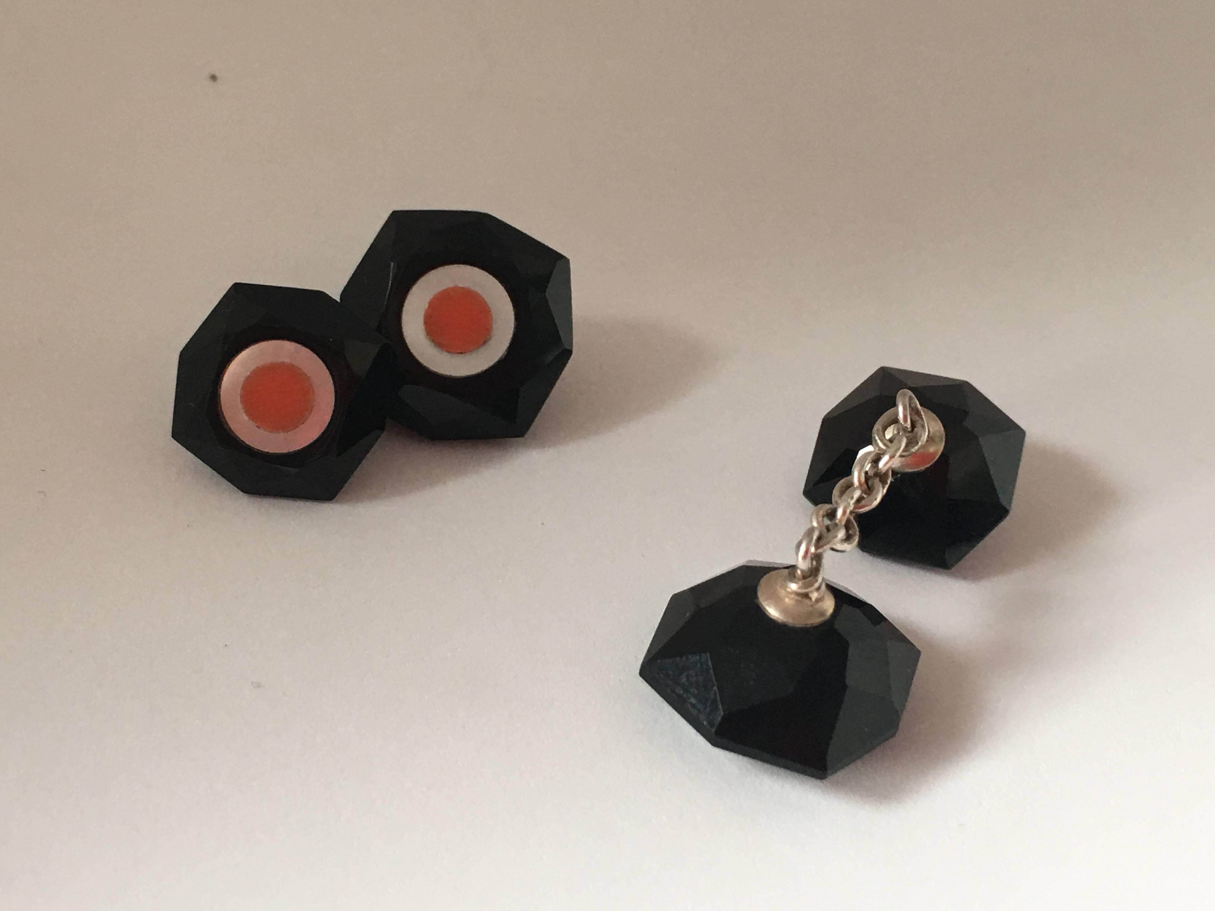 White Gold Onyx Coral Mother-of-Pearl Hand Made Cufflinks In New Condition For Sale In Milan, IT