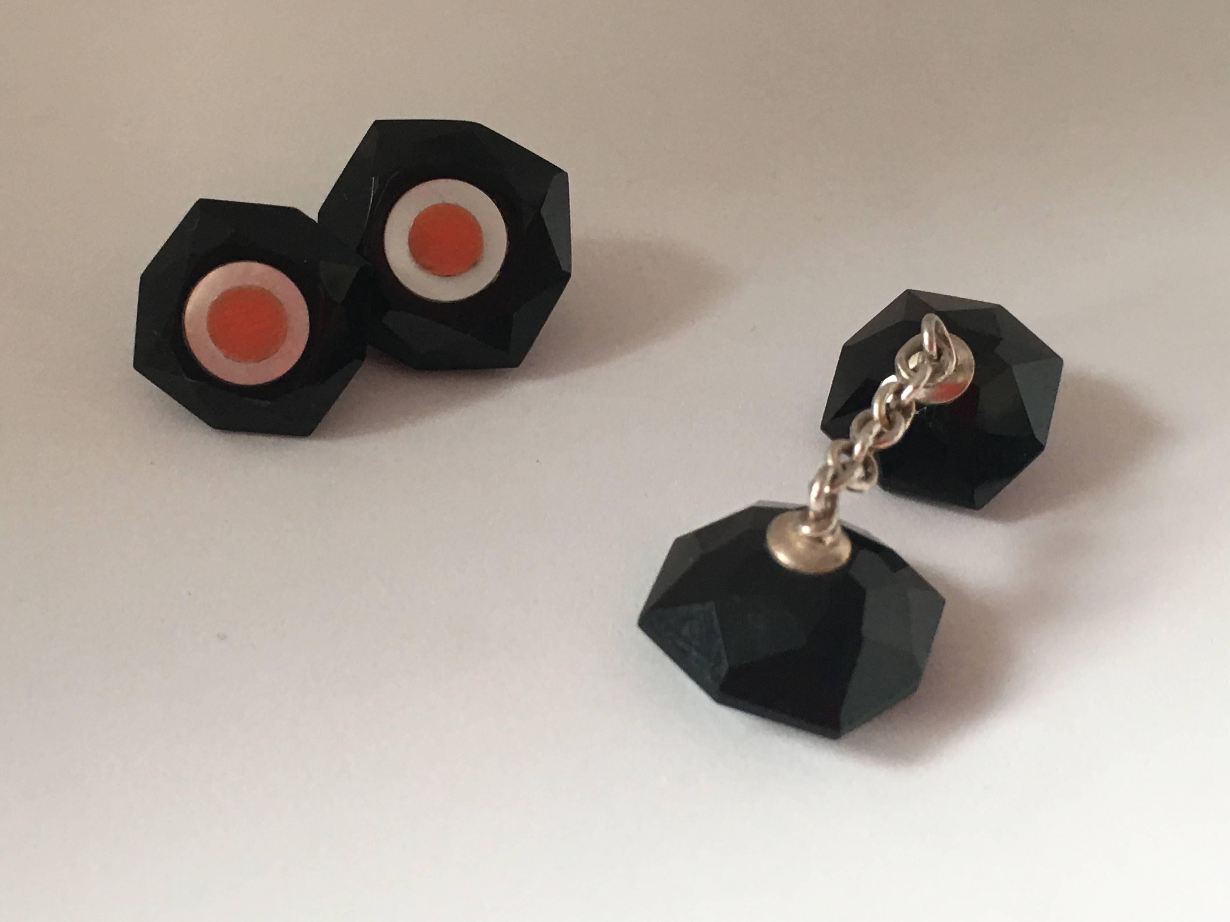 Women's or Men's White Gold Onyx Coral Mother-of-Pearl Hand Made Cufflinks For Sale