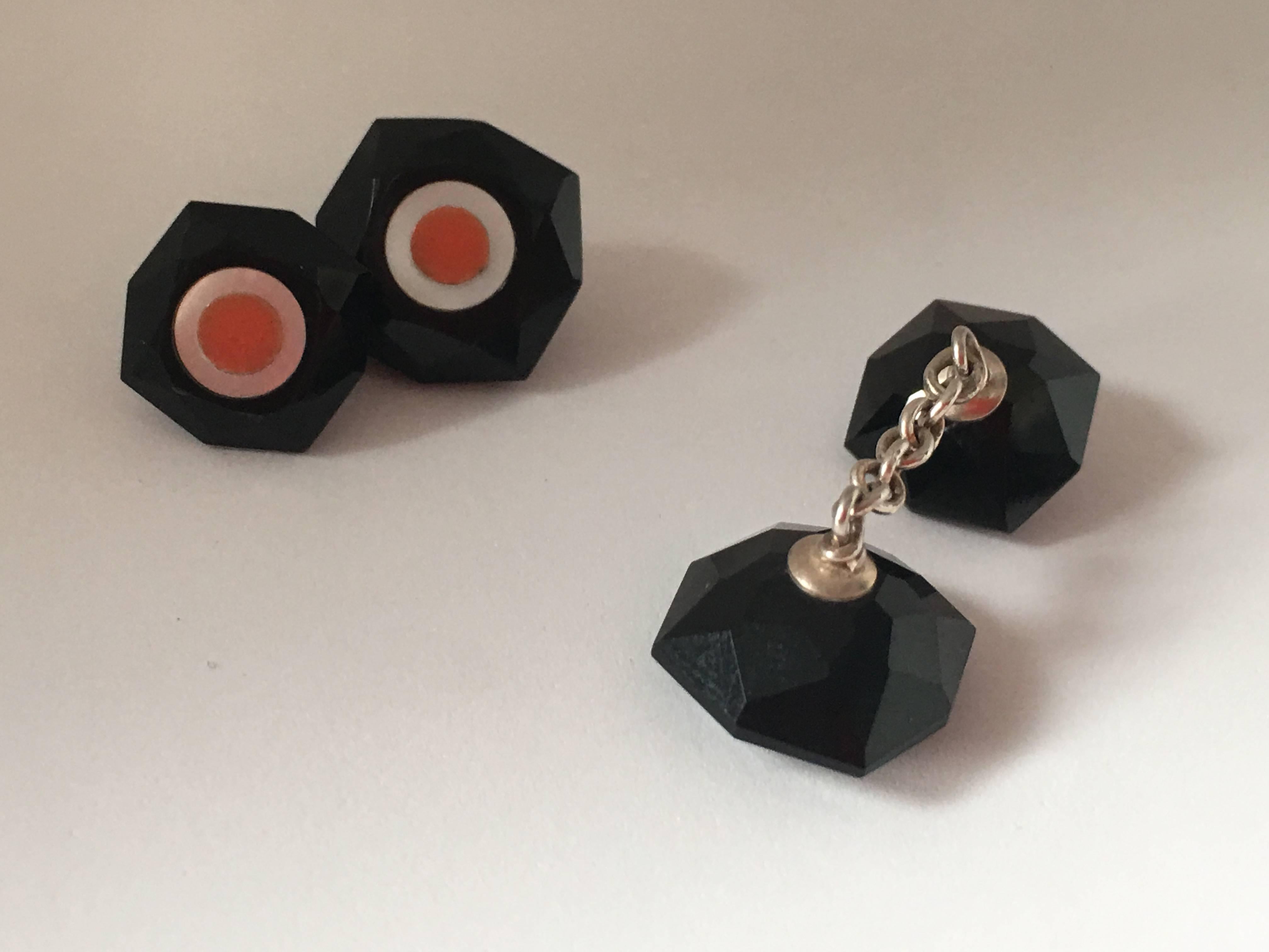 White Gold Onyx Coral Mother-of-Pearl Hand Made Cufflinks For Sale 1