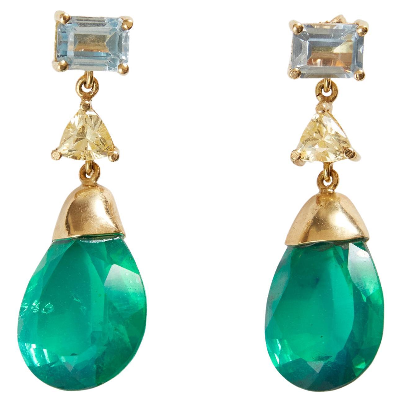 Emerald Faced Drops Yellow Diamond Aquamarine 18 Karat Gold For Sale