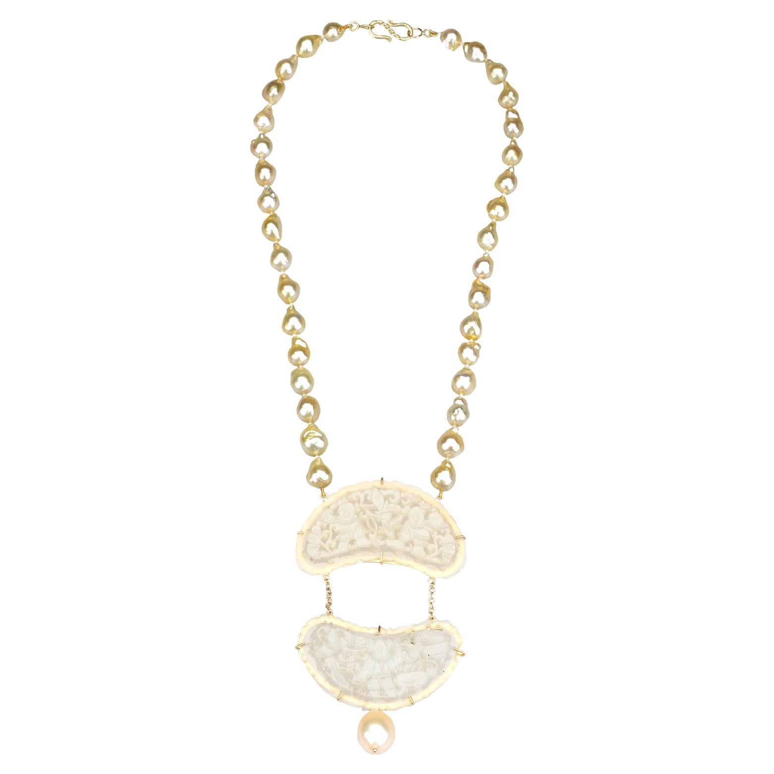 Necklace Gold Natural Pearls Antiques Carved Jade Gold 18 k For Sale