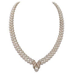 Double Strand Pearl Gold Necklace and Diamond Drop