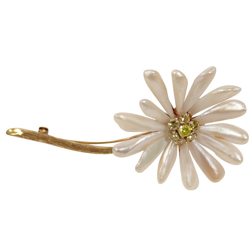14K Yellow Gold with Pearls and Fancy Yellow Diamonds Petal Daisy Brooch  For Sale