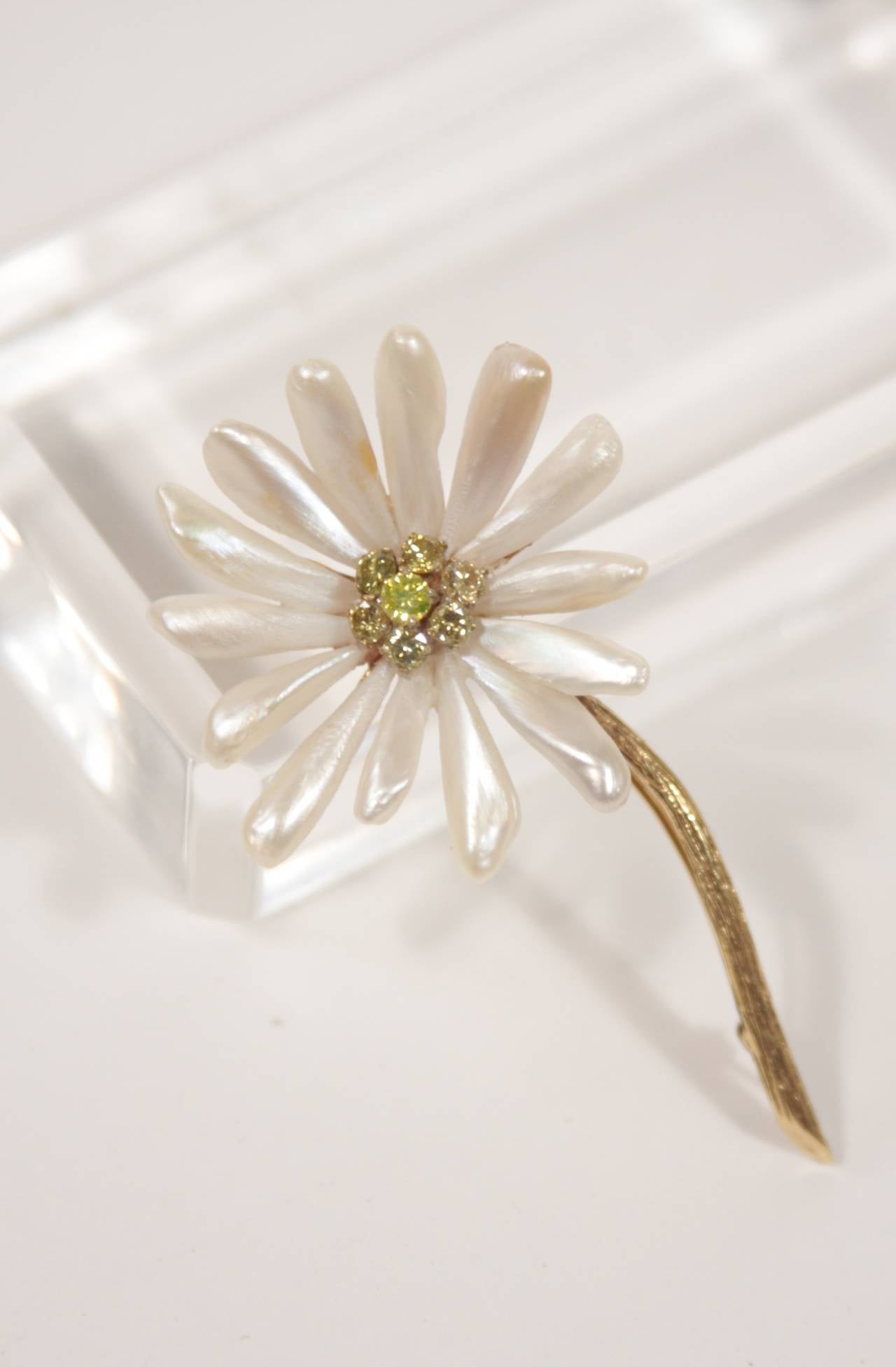 Post-War 14K Yellow Gold with Pearls and Fancy Yellow Diamonds Petal Daisy Brooch  For Sale