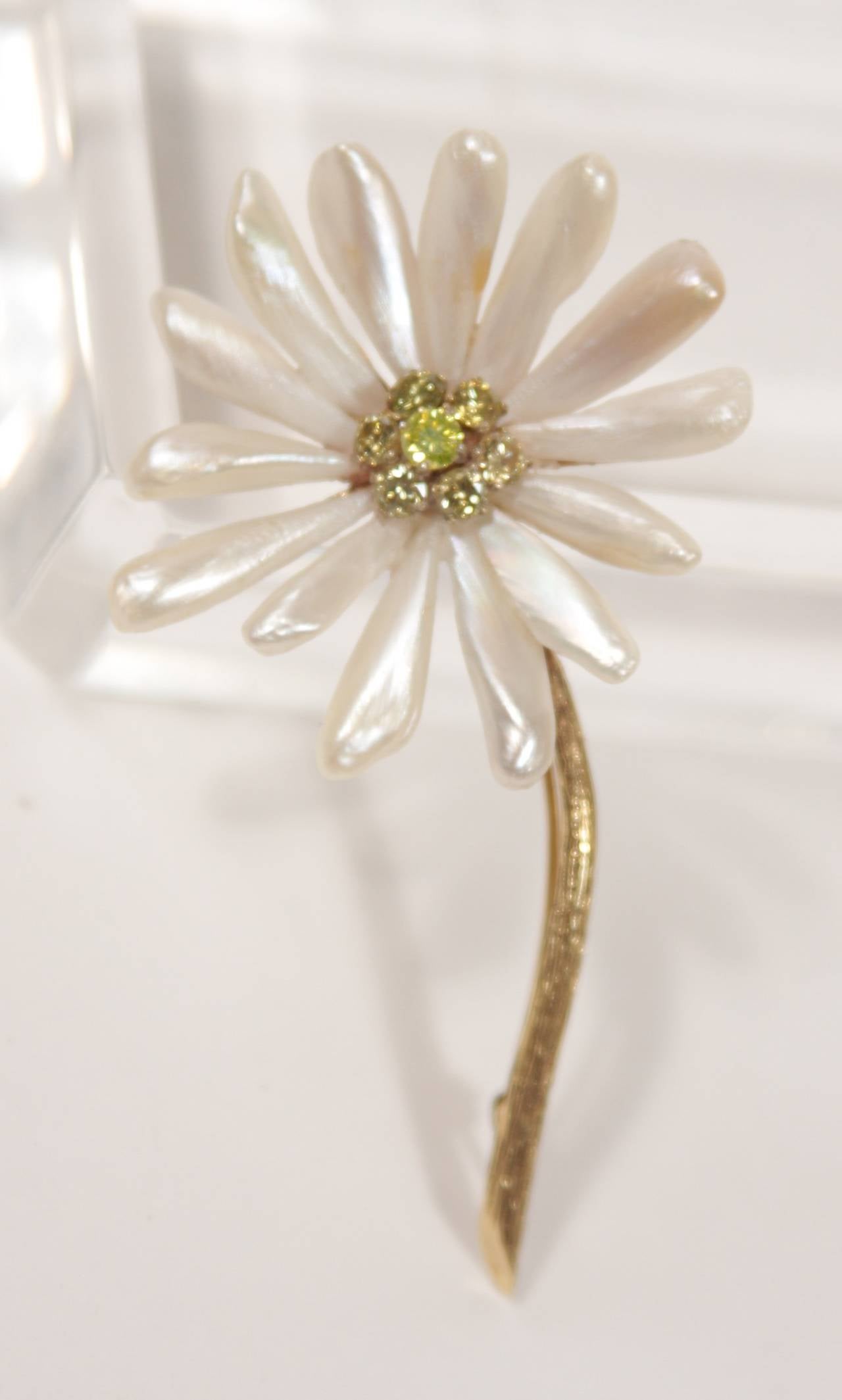 Brilliant Cut 14K Yellow Gold with Pearls and Fancy Yellow Diamonds Petal Daisy Brooch  For Sale