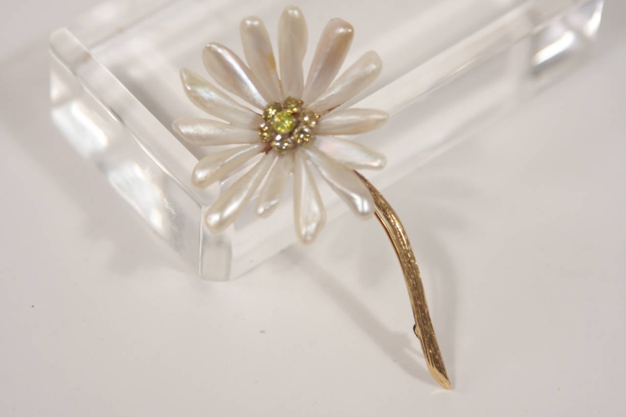 Women's 14K Yellow Gold with Pearls and Fancy Yellow Diamonds Petal Daisy Brooch  For Sale