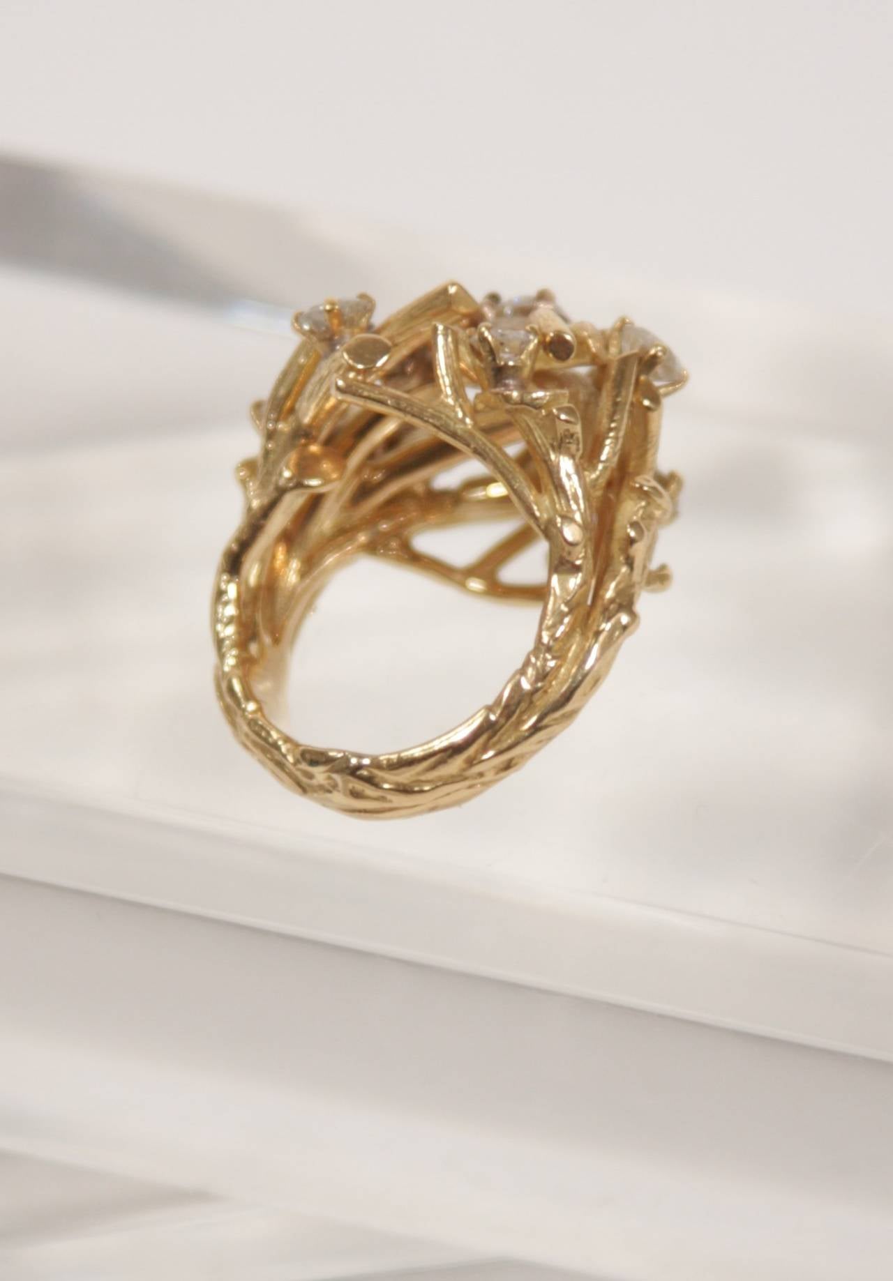 Hand Crafted Diamonds Gold Tree Branches of Diamonds Artisan Ring For Sale 1