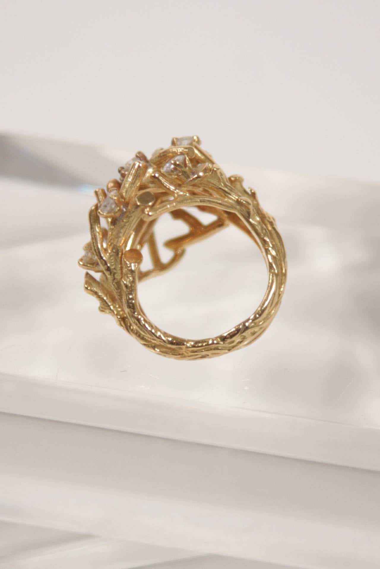 Women's Hand Crafted Diamonds Gold Tree Branches of Diamonds Artisan Ring For Sale
