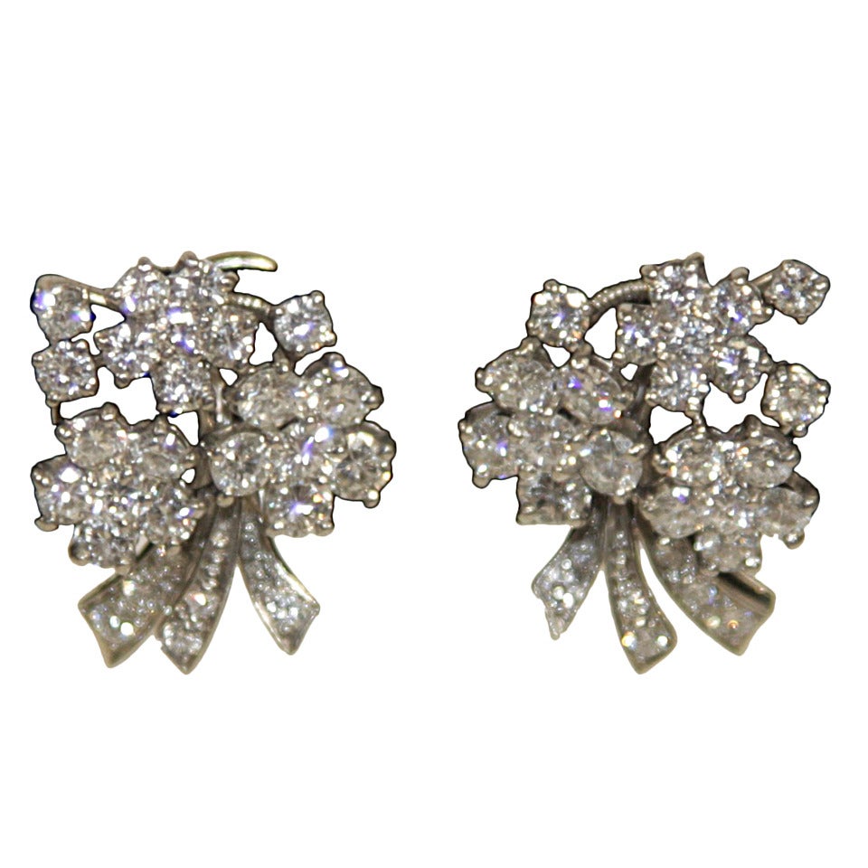 Diamonds Platinum Floral Motif Clip On Earrings