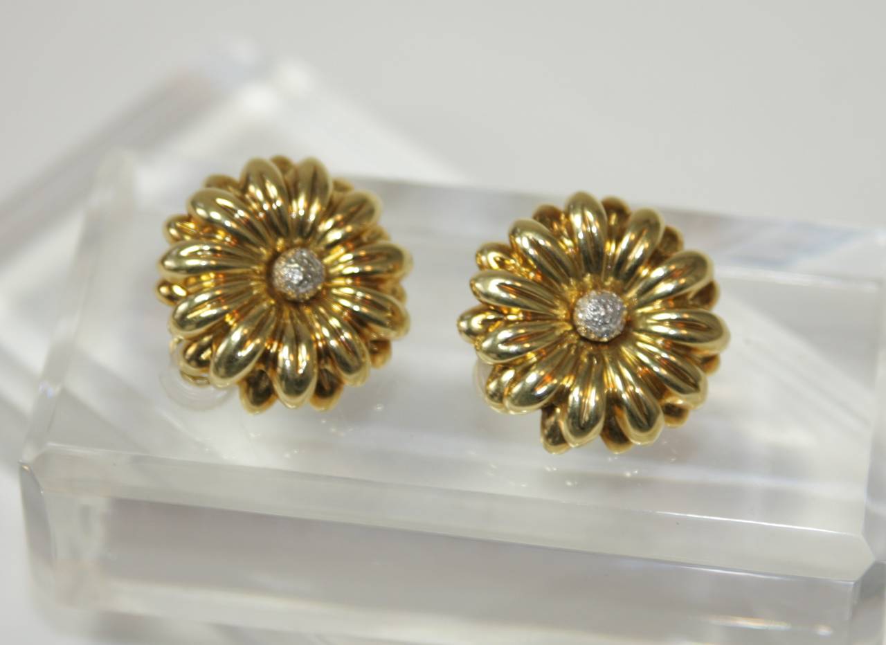 Women's Diamond Gold Sunflower Earrings