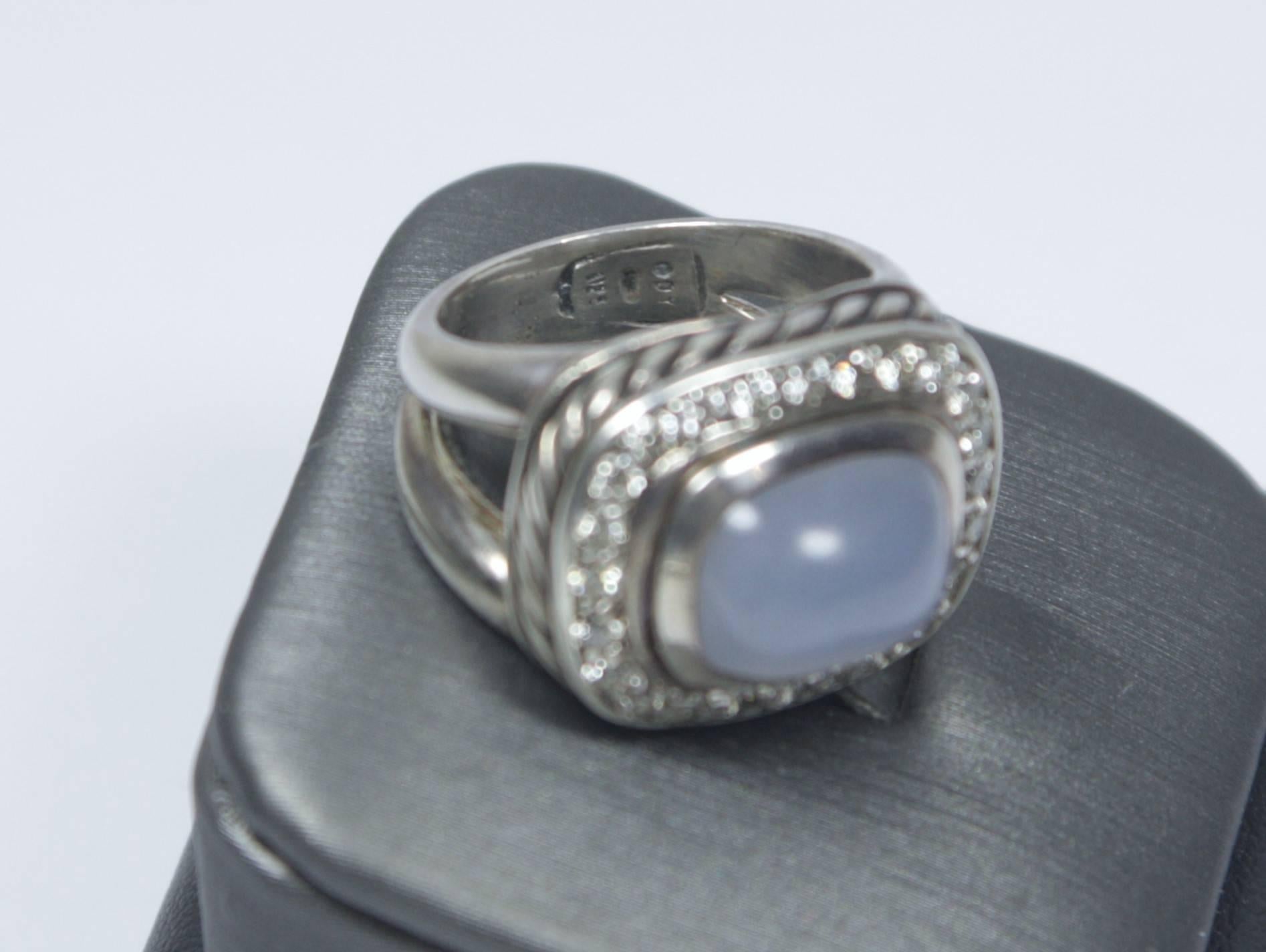 David Yurman Cabochon Moonstone Pave Diamond Sterling Silver Ring In Excellent Condition In Los Angeles, CA