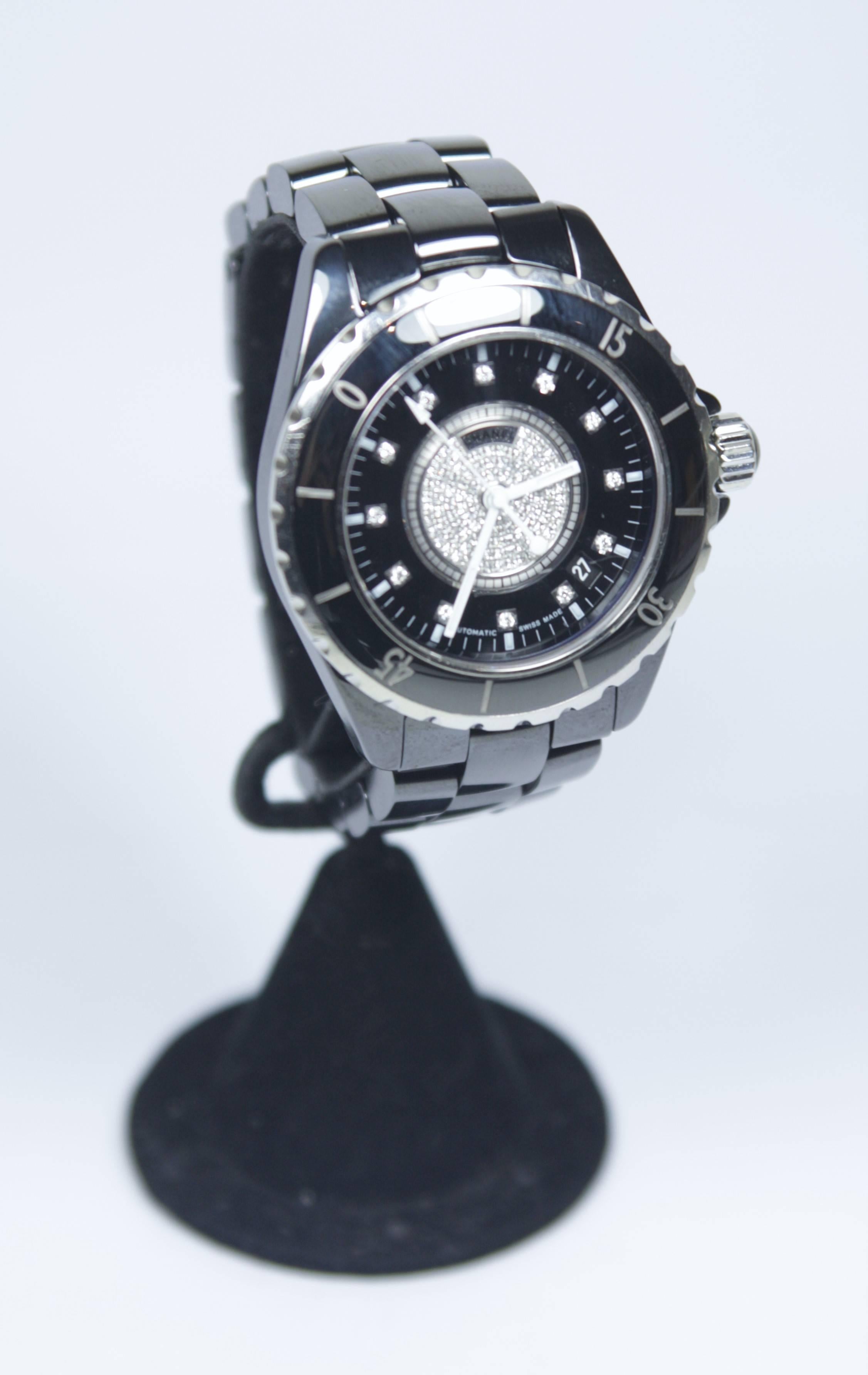 CHANEL Automatic J12 39mm Black Ceramic Watch with Diamond Pave Face   In Excellent Condition In Los Angeles, CA
