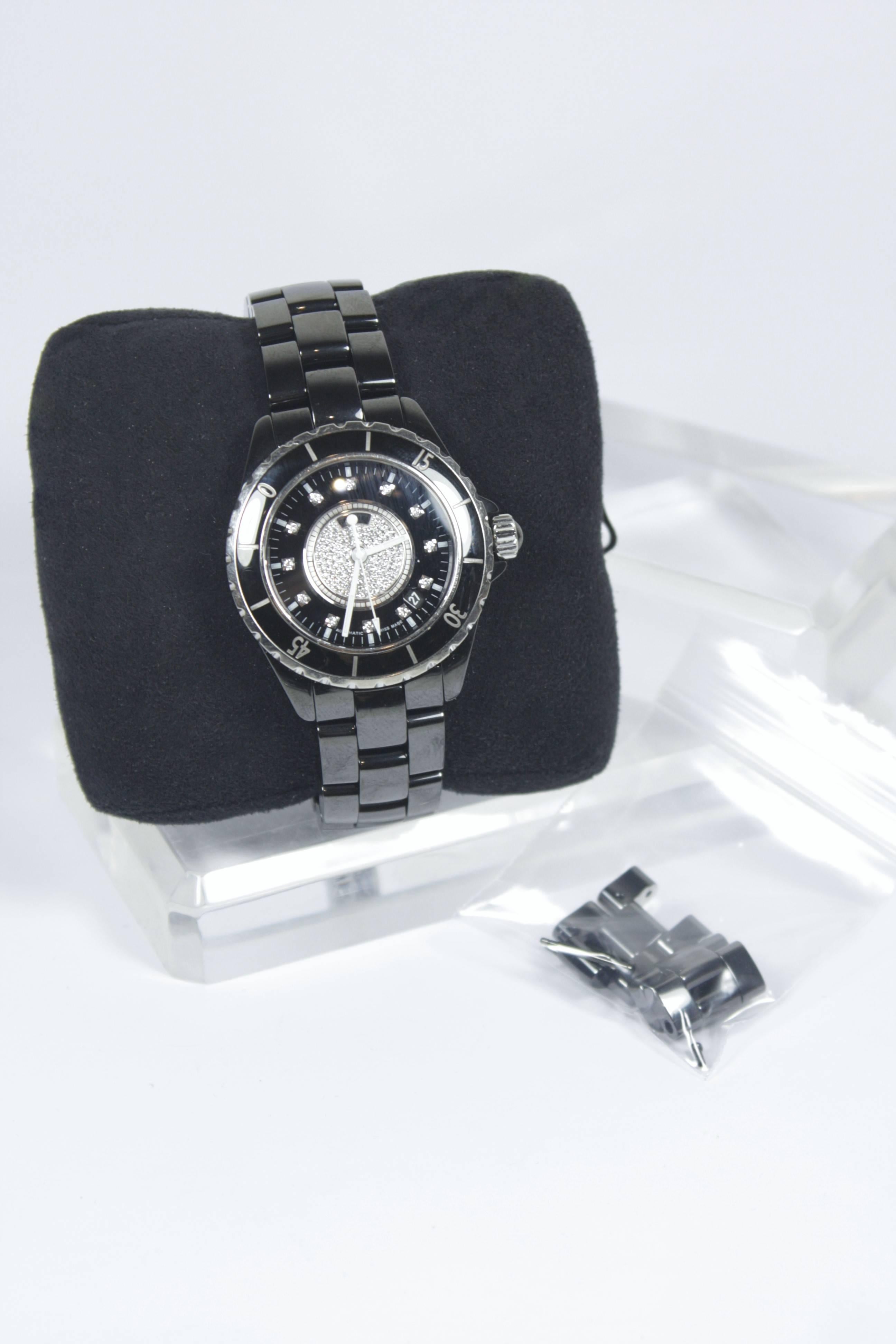 CHANEL Automatic J12 39mm Black Ceramic Watch with Diamond Pave Face   2