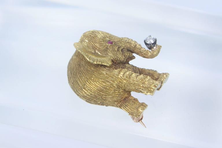 Gold Elephant Pendant or Pin with Diamond Trunk and Ruby Eyes at 1stDibs