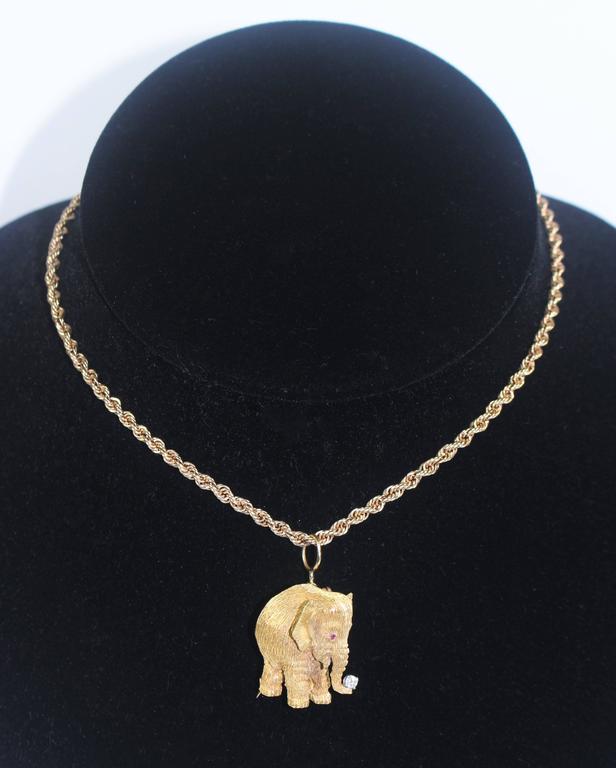 Gold Elephant Pendant or Pin with Diamond Trunk and Ruby Eyes at 1stDibs