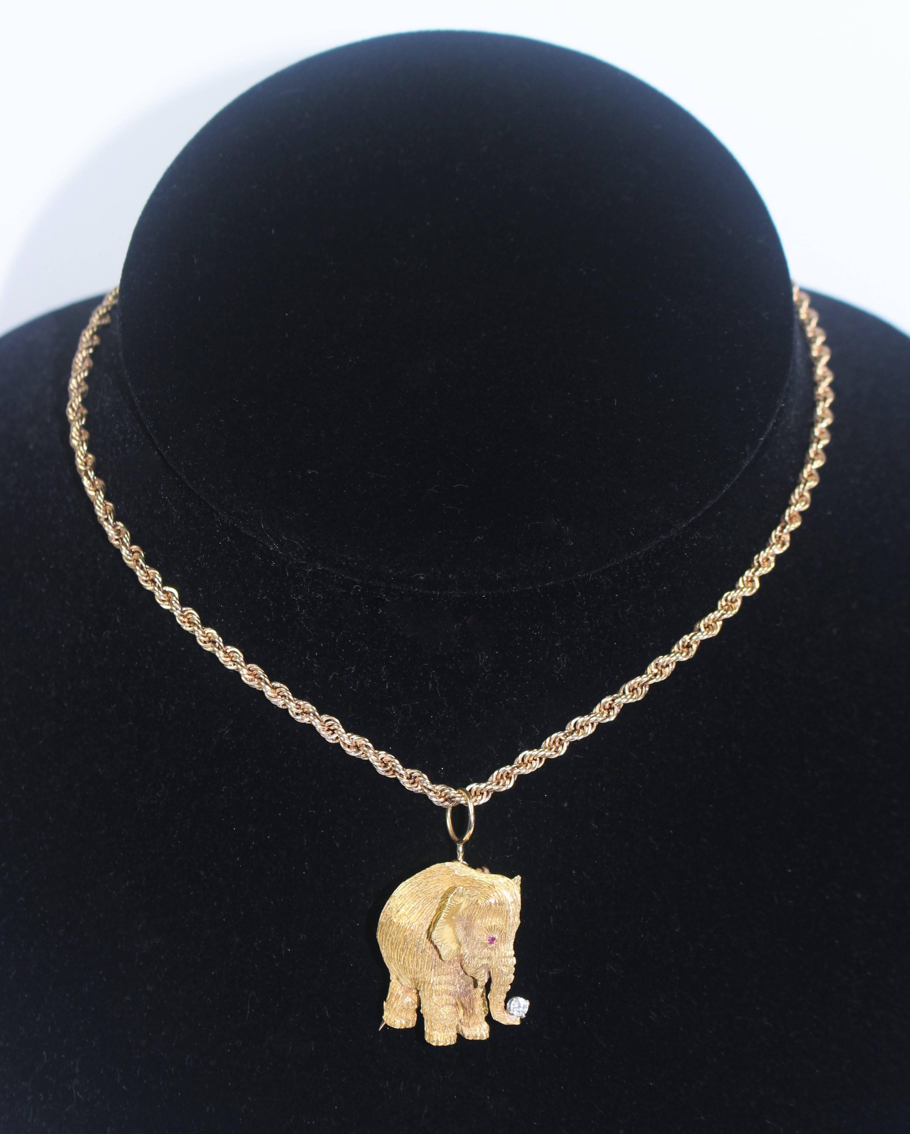Gold Elephant Pendant or Pin with Diamond Trunk and Ruby Eyes at ...
