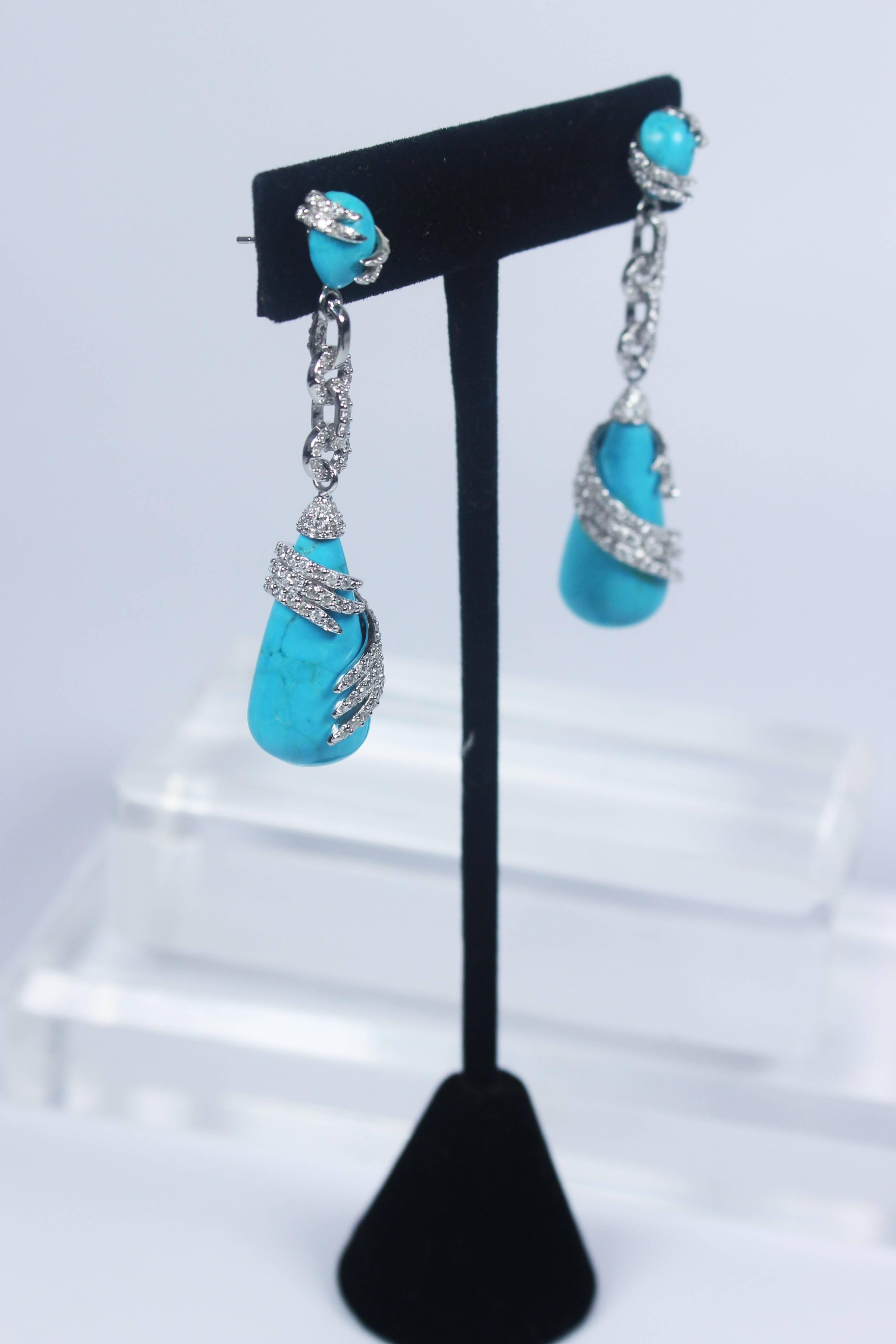 Turquoise Wrapped Diamond Pave Gold Detail Drop Earrings 1