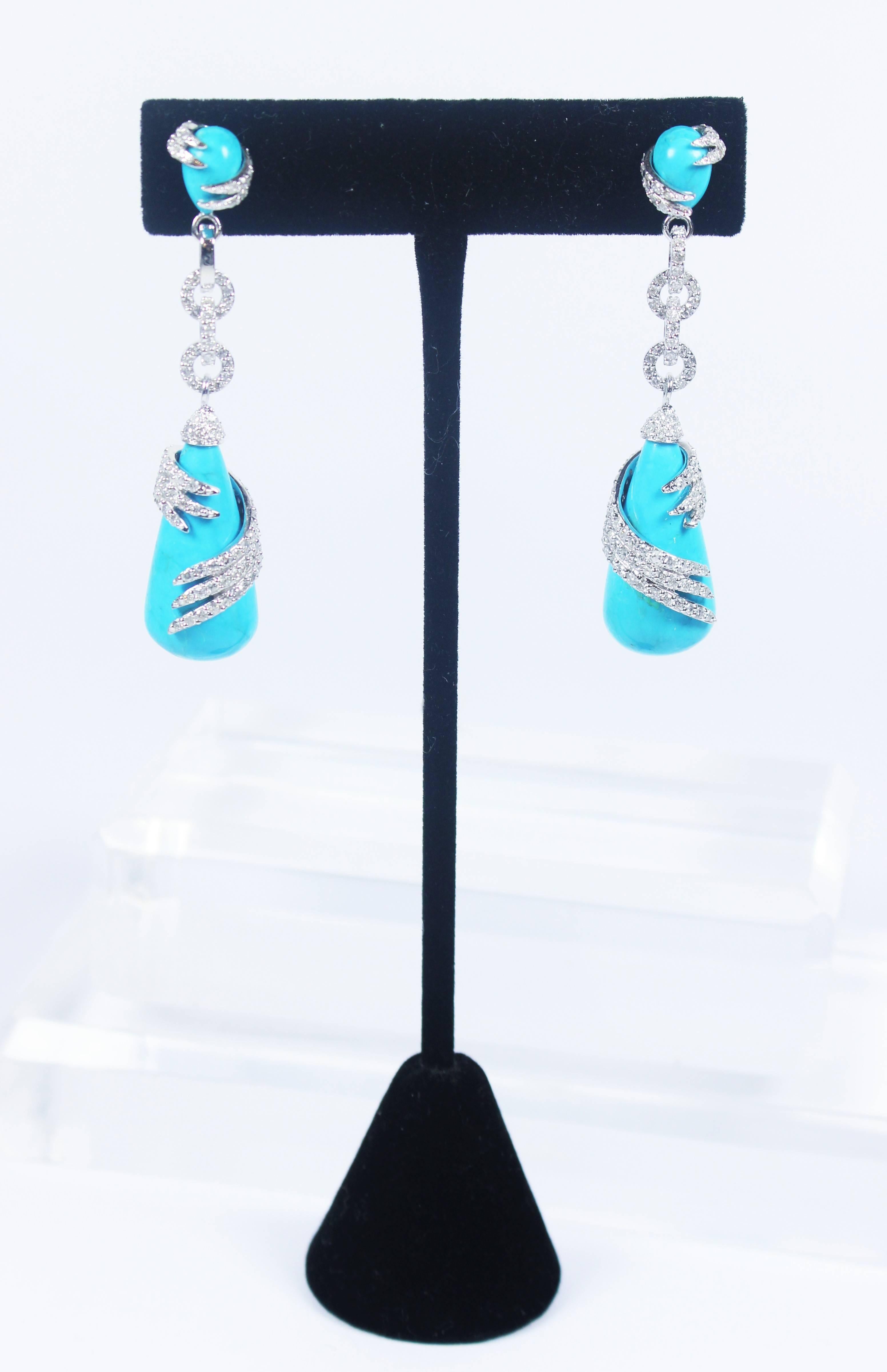 Women's Turquoise Wrapped Diamond Pave Gold Detail Drop Earrings