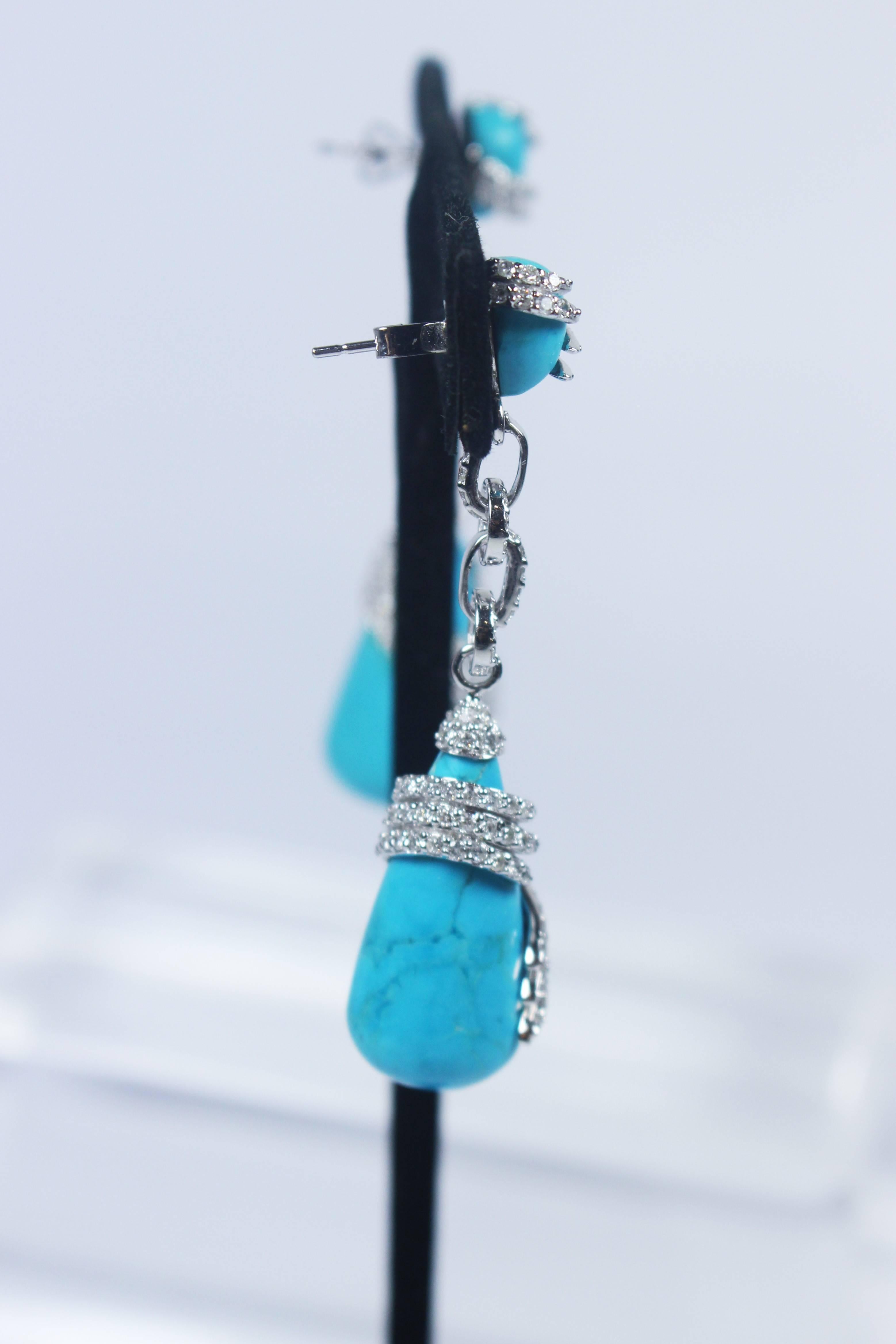 Turquoise Wrapped Diamond Pave Gold Detail Drop Earrings 2