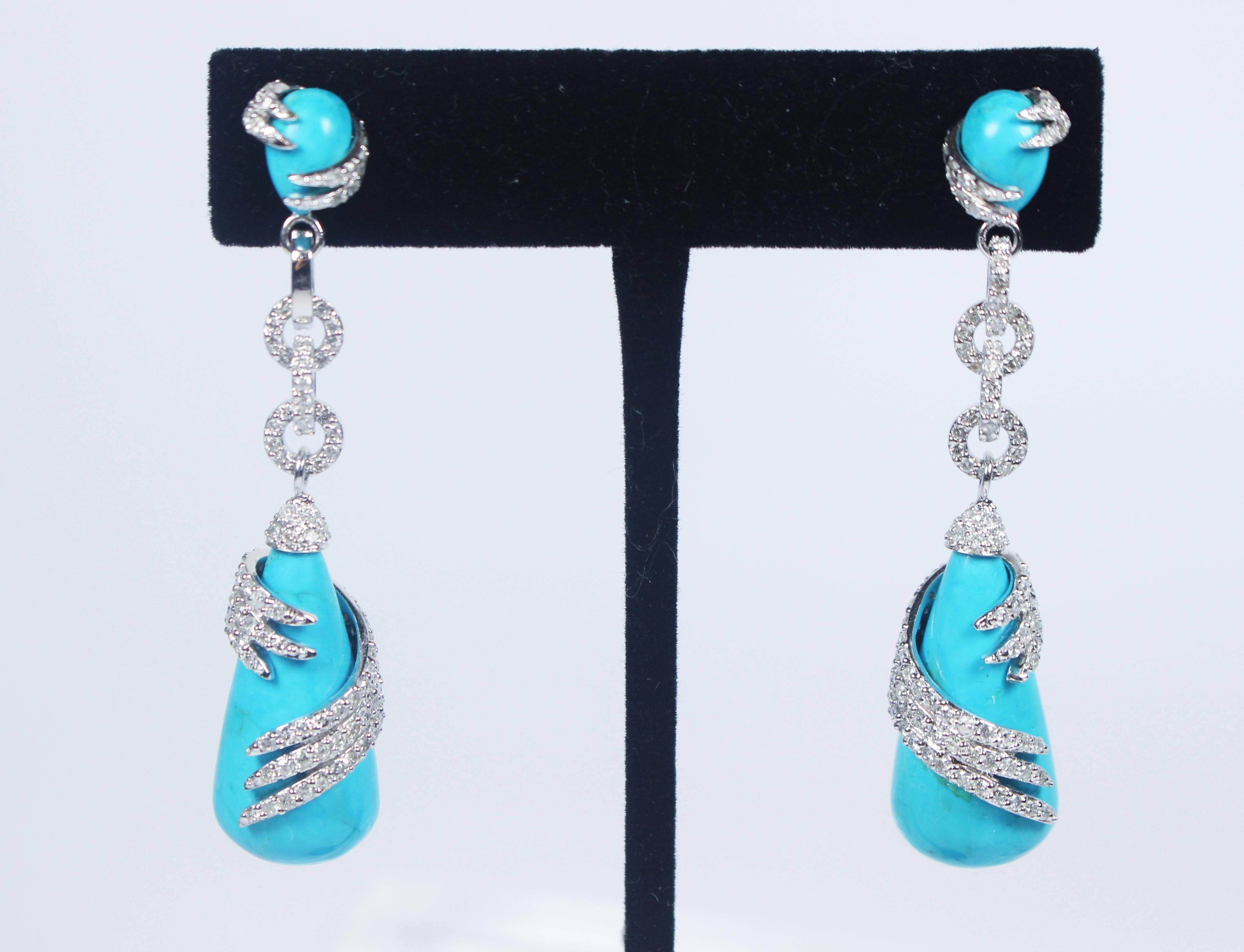 Turquoise Wrapped Diamond Pave Gold Detail Drop Earrings In Excellent Condition In Los Angeles, CA