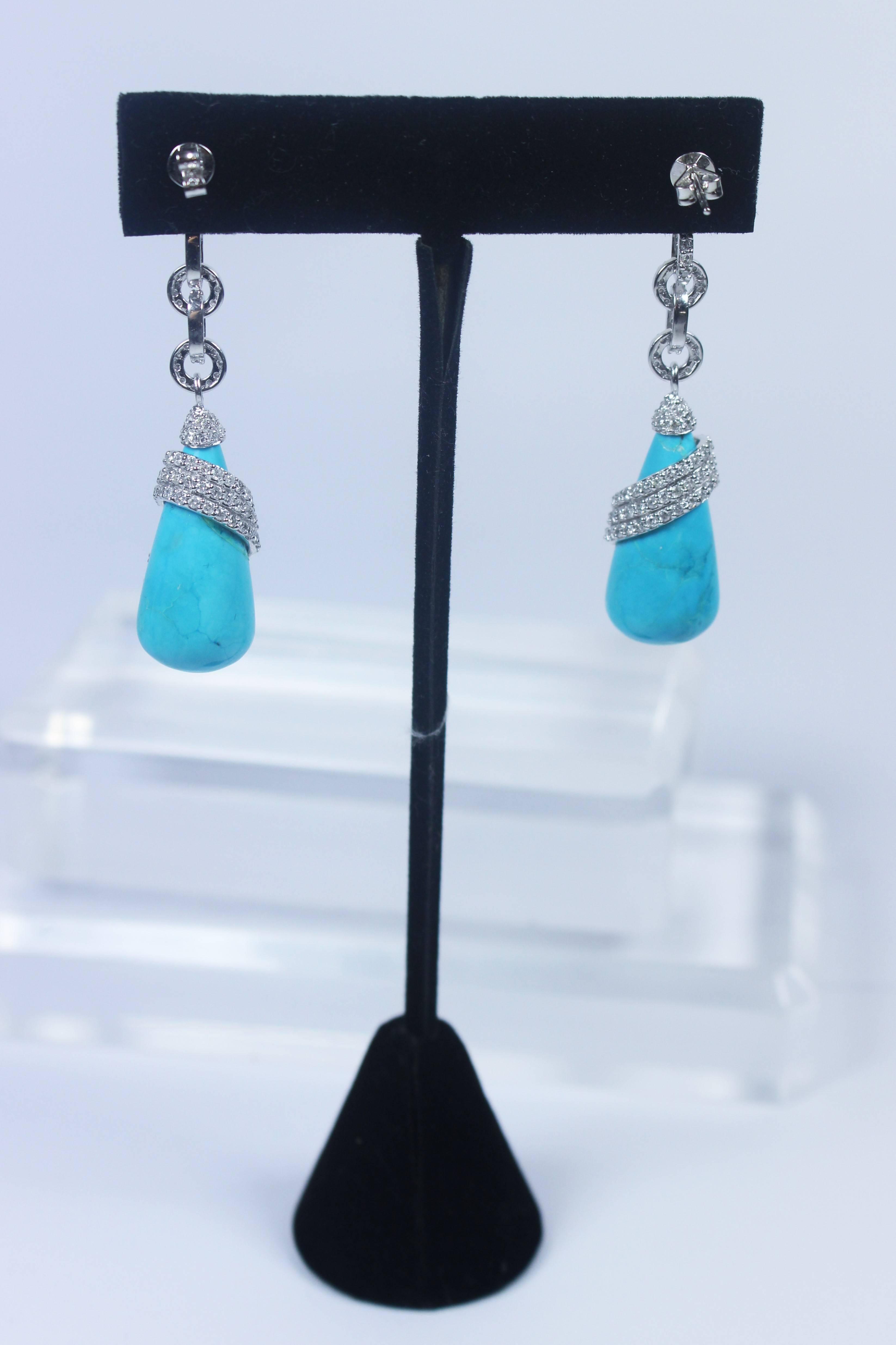 Turquoise Wrapped Diamond Pave Gold Detail Drop Earrings 3